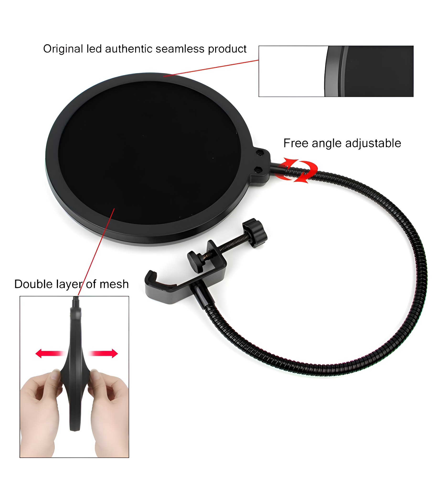 Ein schwarzer Pop-Filter für ein Mikrofon. Er hat ein doppellagiges Netz und einen verstellbaren Arm und eine Klemme.