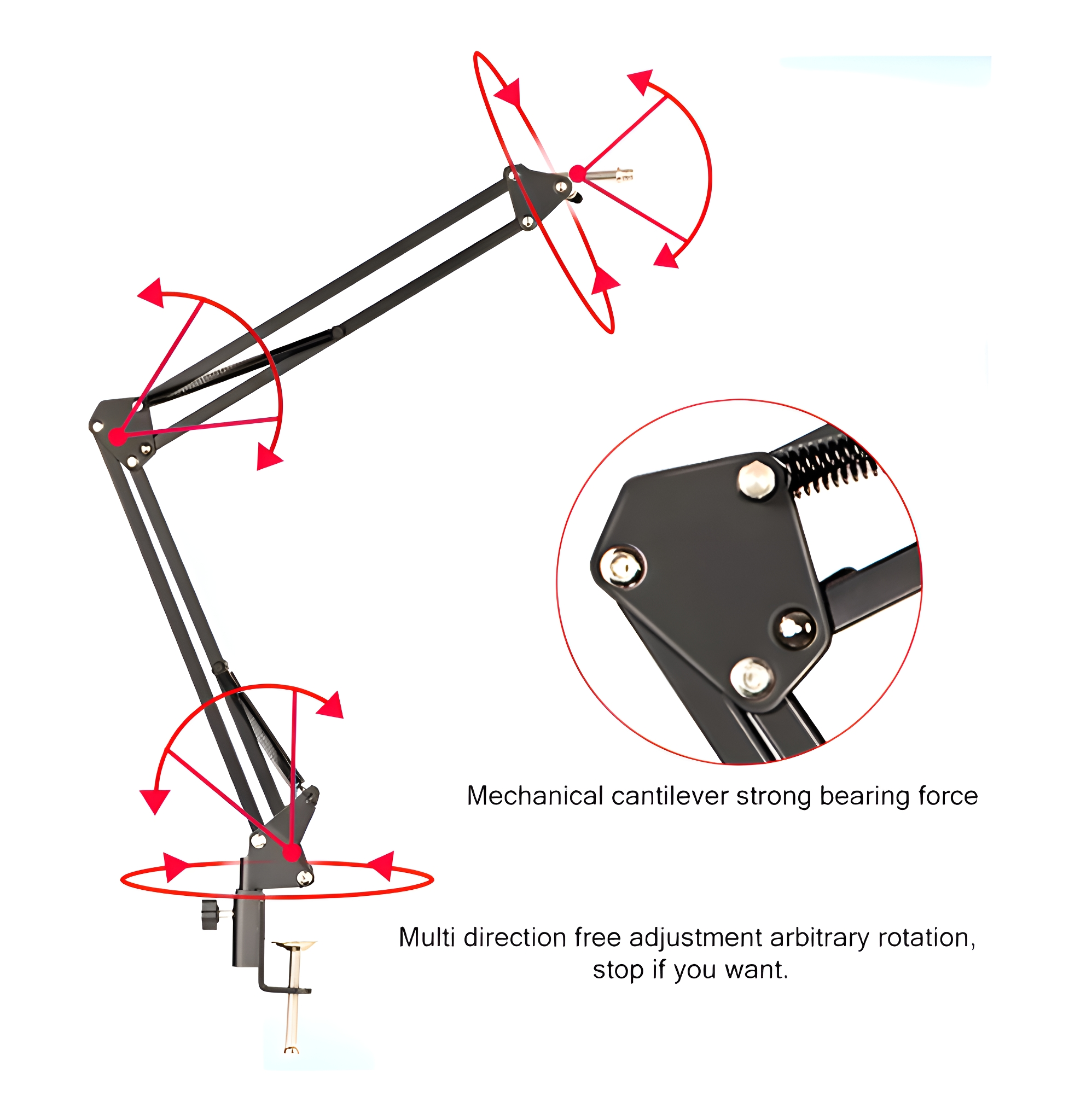 Ein schwarzer Arm für ein Mikrofon mit roten Pfeilen.