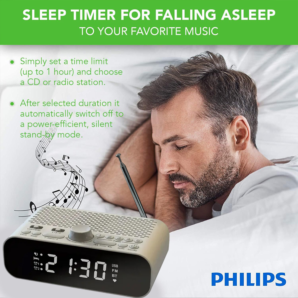 Mann im Bett mit Radiowecker. Text über Sleep-Timer. Weiße Bettwäsche, beiges Radio, schwarze Antenne.