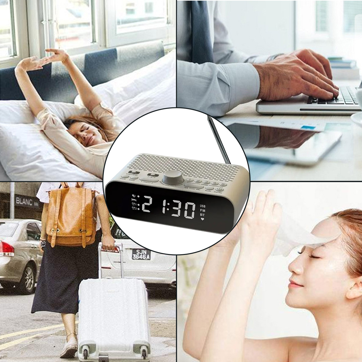Uhr mit Bildern: Frau wacht auf, Person arbeitet am Laptop, trägt Gepäck und wischt sich das Gesicht.