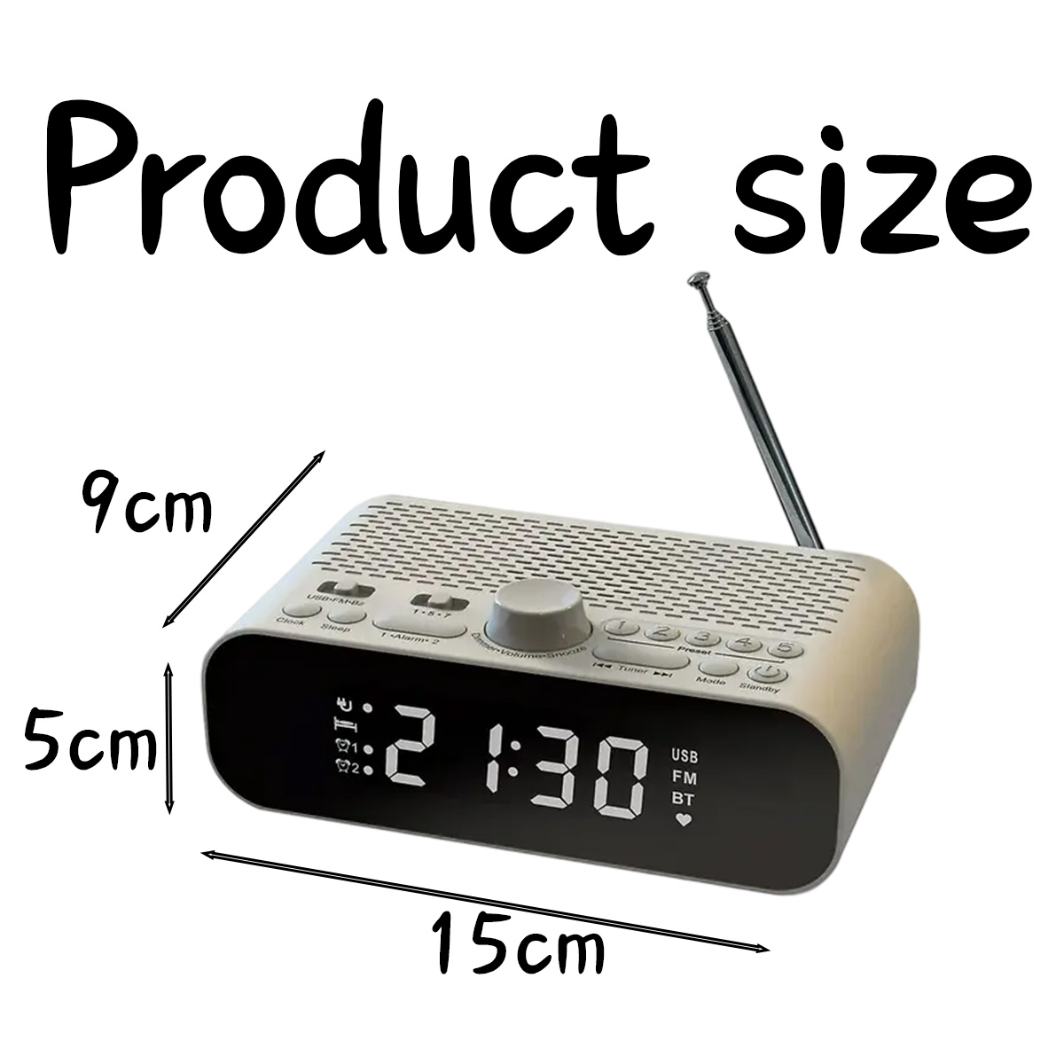 Radio mit digitaler Uhranzeige, die die Zeit anzeigt. Abmessungen, 9cm x 5cm x 15cm, werden mit Pfeilen angezeigt.
