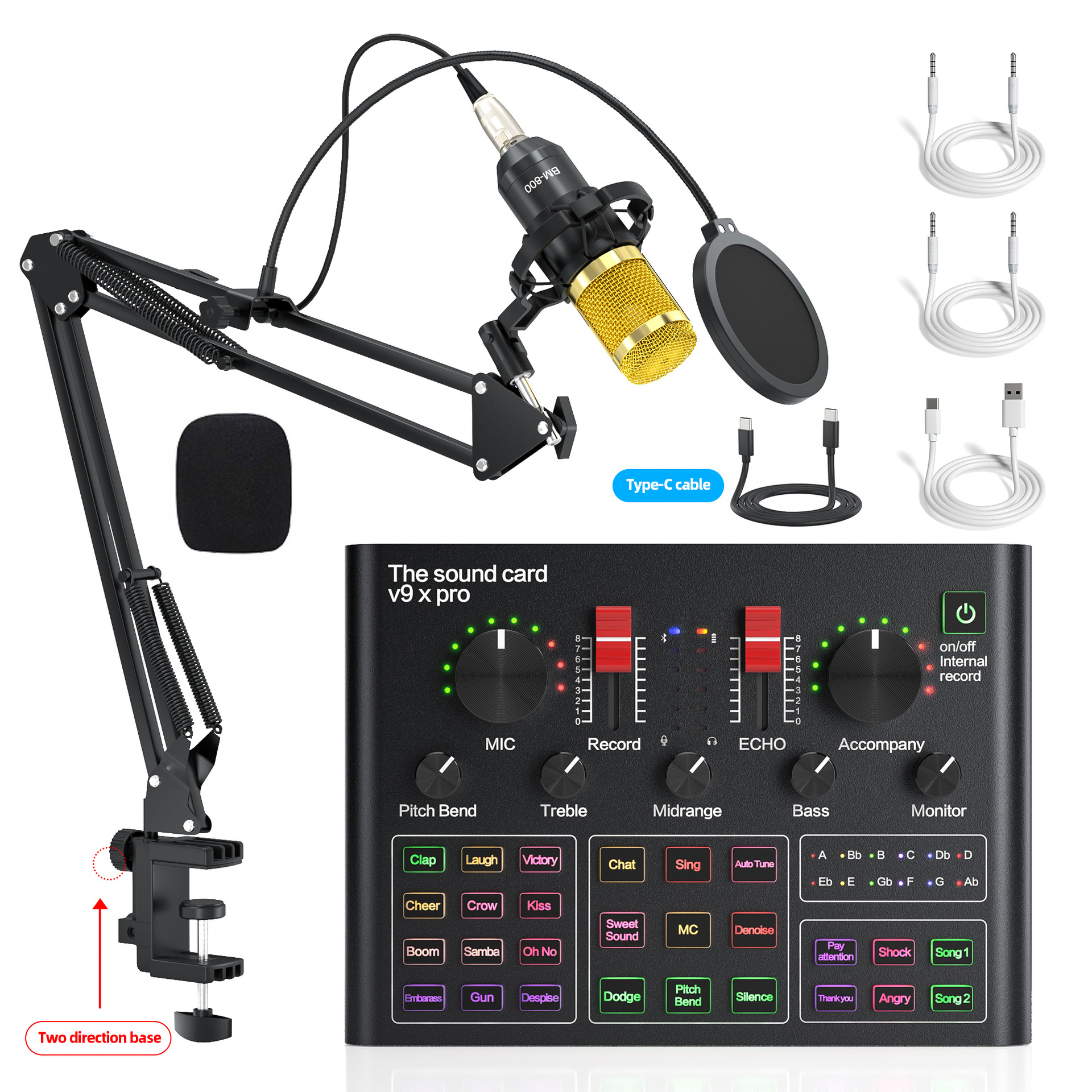 Soundkarten-Setup: Mikrofon, Ständer, Kabel und ein Mischpult mit verschiedenen Bedienelementen.