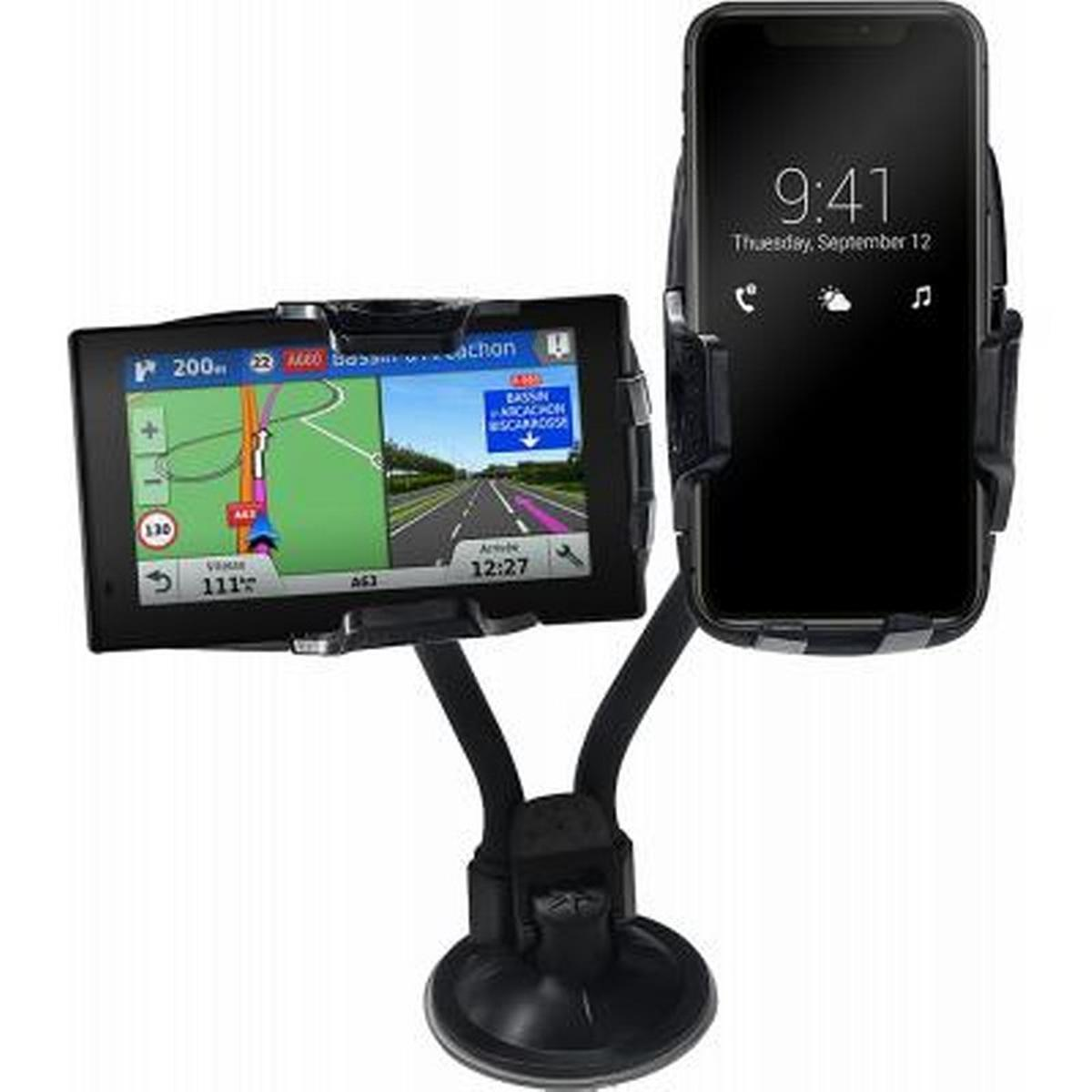 Dispositivo GPS e telefono montati sul cruscotto, con schermo di navigazione e display del telefono.