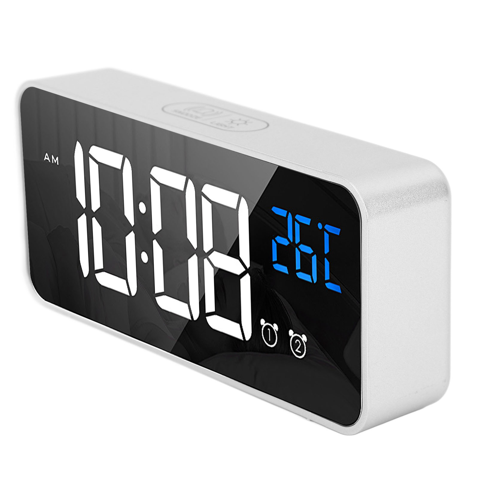 Digitaler Wecker. Weißes Gehäuse, schwarzer Bildschirm. Die Uhrzeit ist 10:08, die Temperatur 26,1.