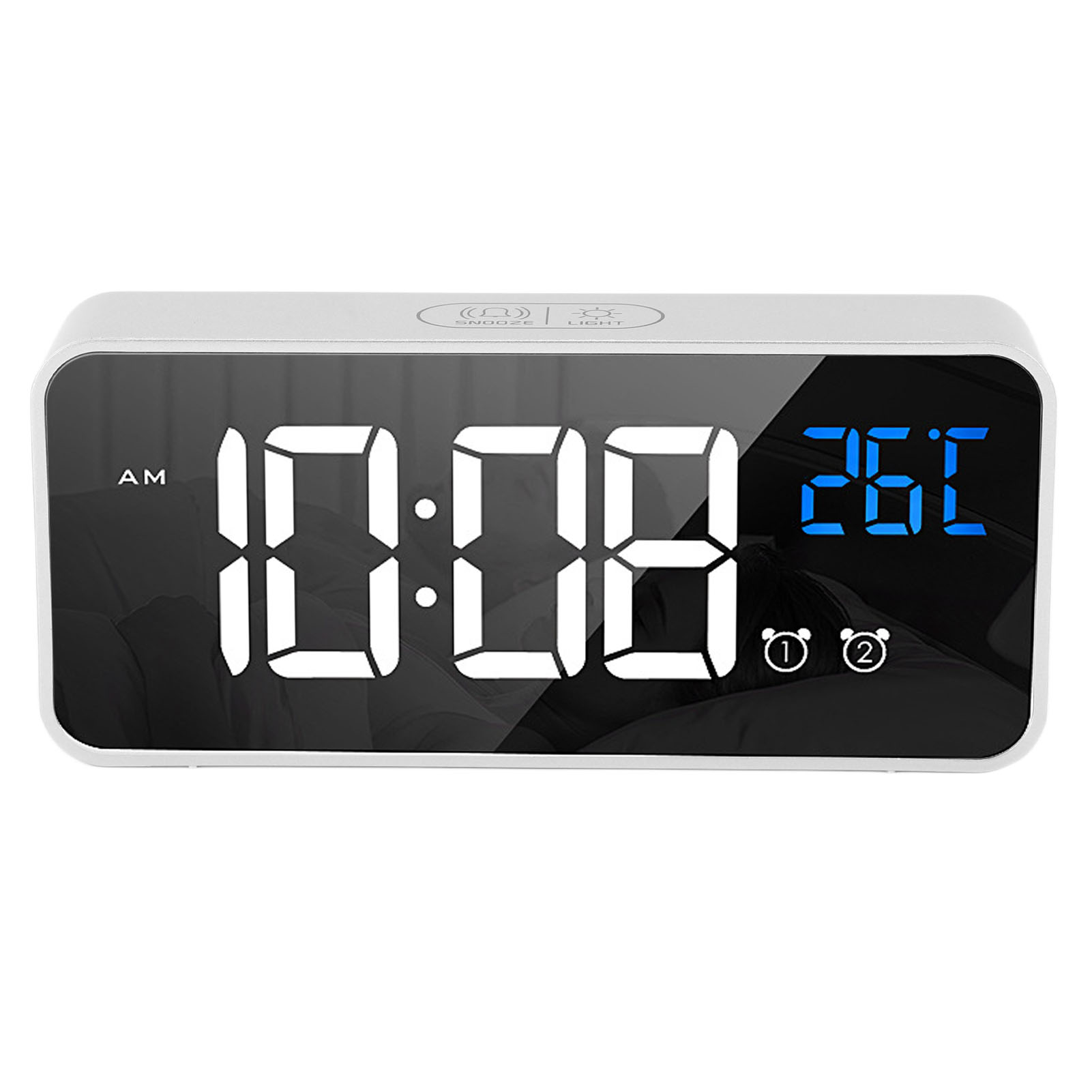 Ein weißer digitaler Wecker. Zeigt Zeit und Temperatur an. Knöpfe befinden sich oben.
