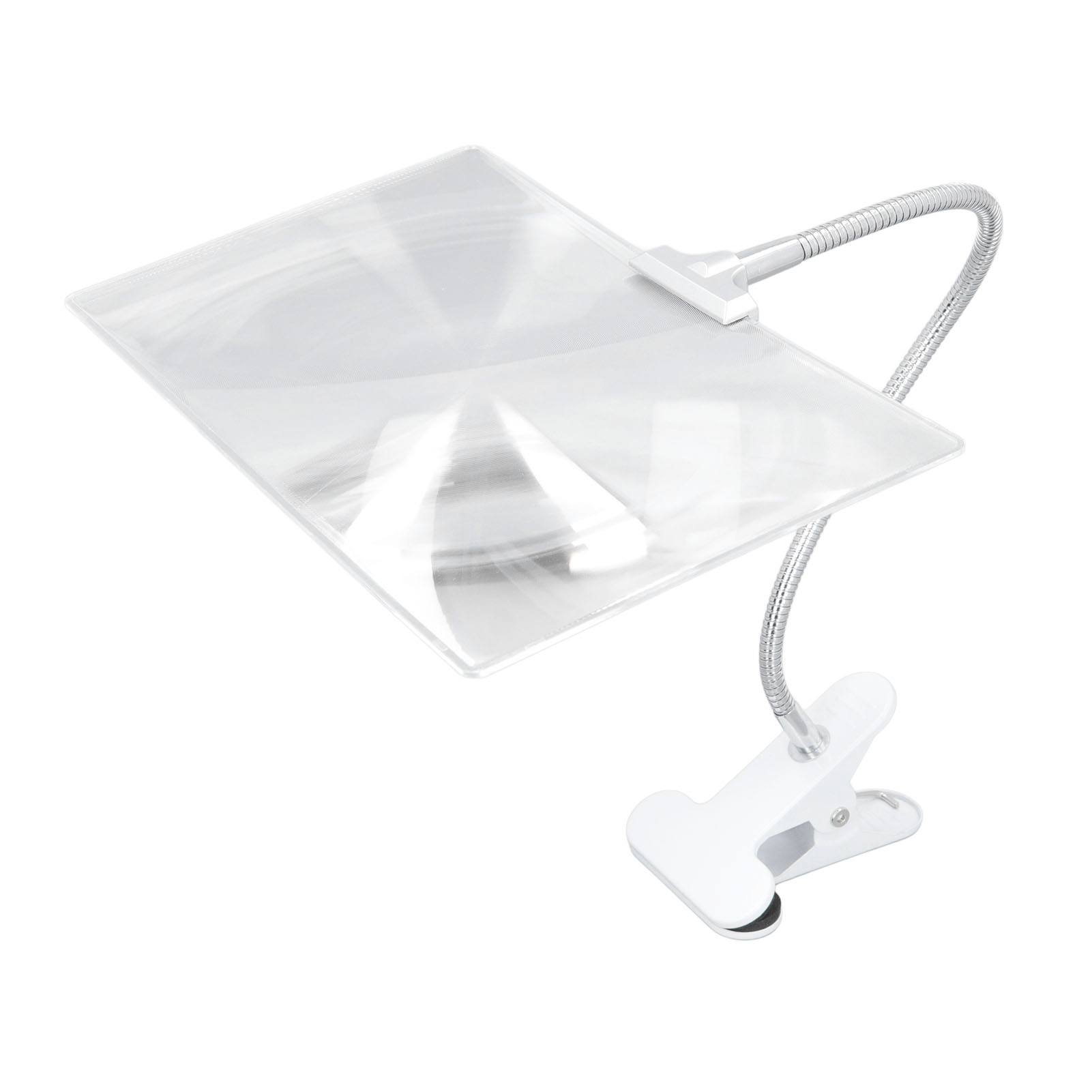 Eine Lupe mit flexiblem Hals und Clip-on-Basis, alles weiß, isoliert auf weißem Hintergrund.