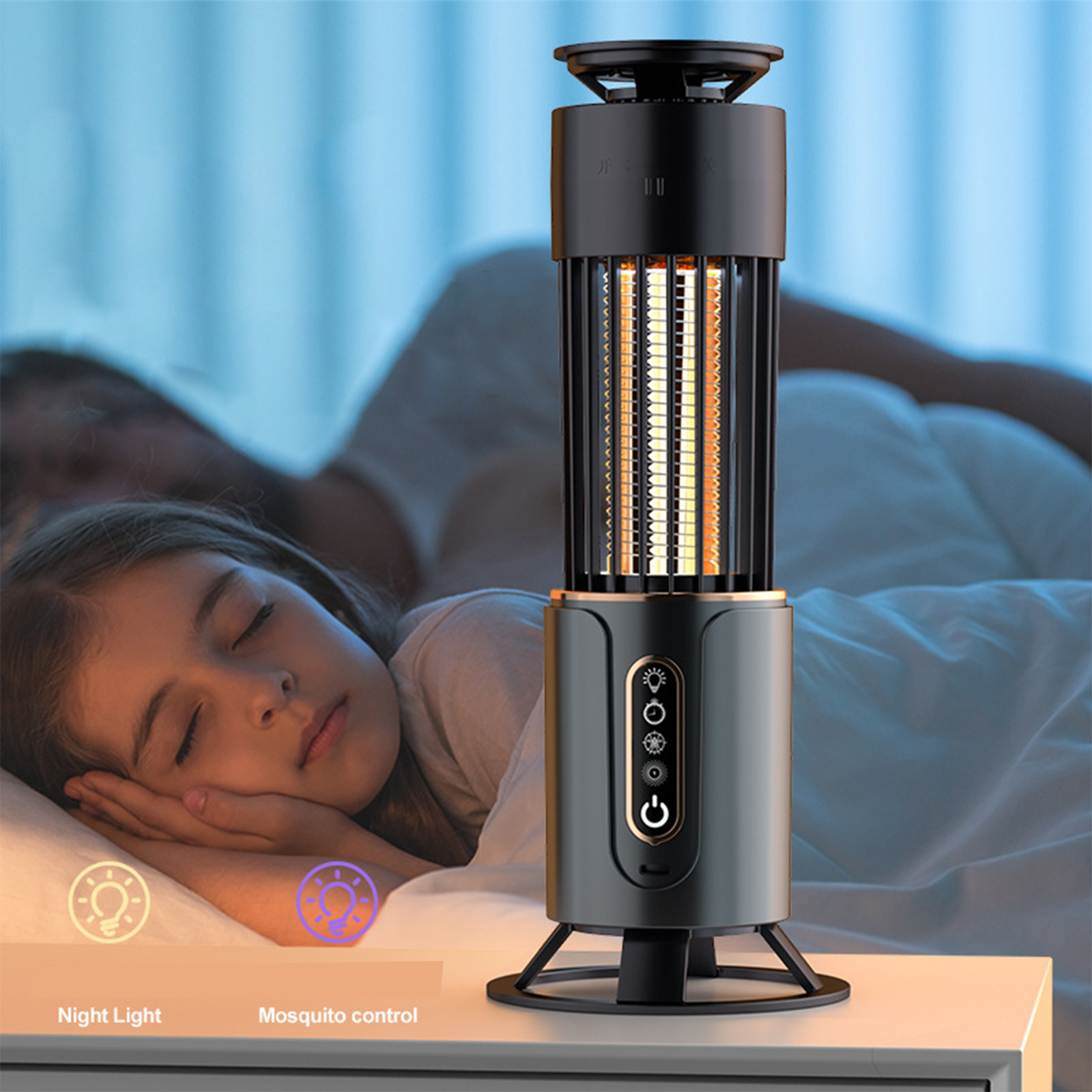 Mückenvernichter-Lampe auf Nachttisch, neben schlafendem Kind, mit Licht- und Mücken-Symbolen.