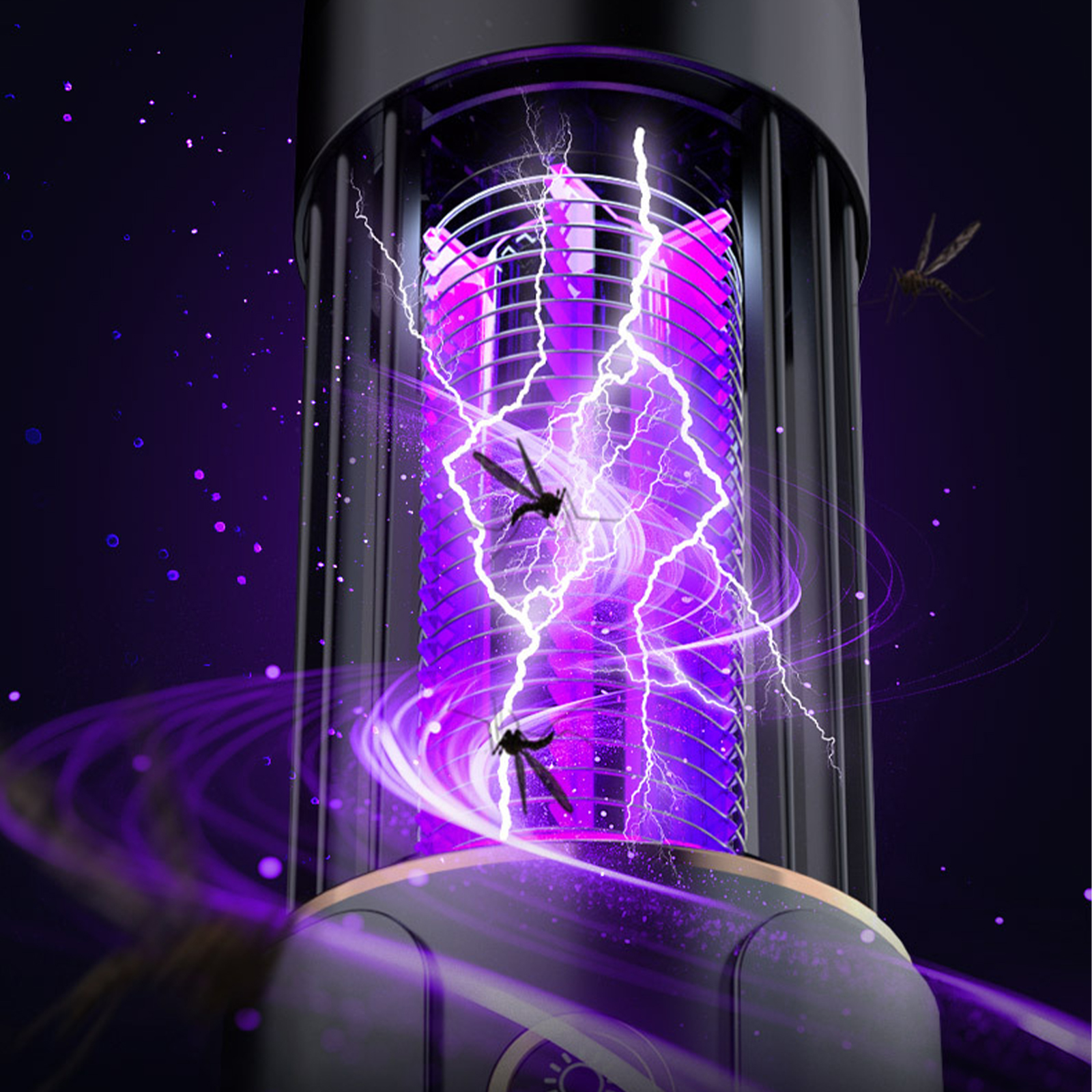Ein Moskitokiller-Gerät, das violettes Licht mit Insekten und Blitzen ausstrahlt.
