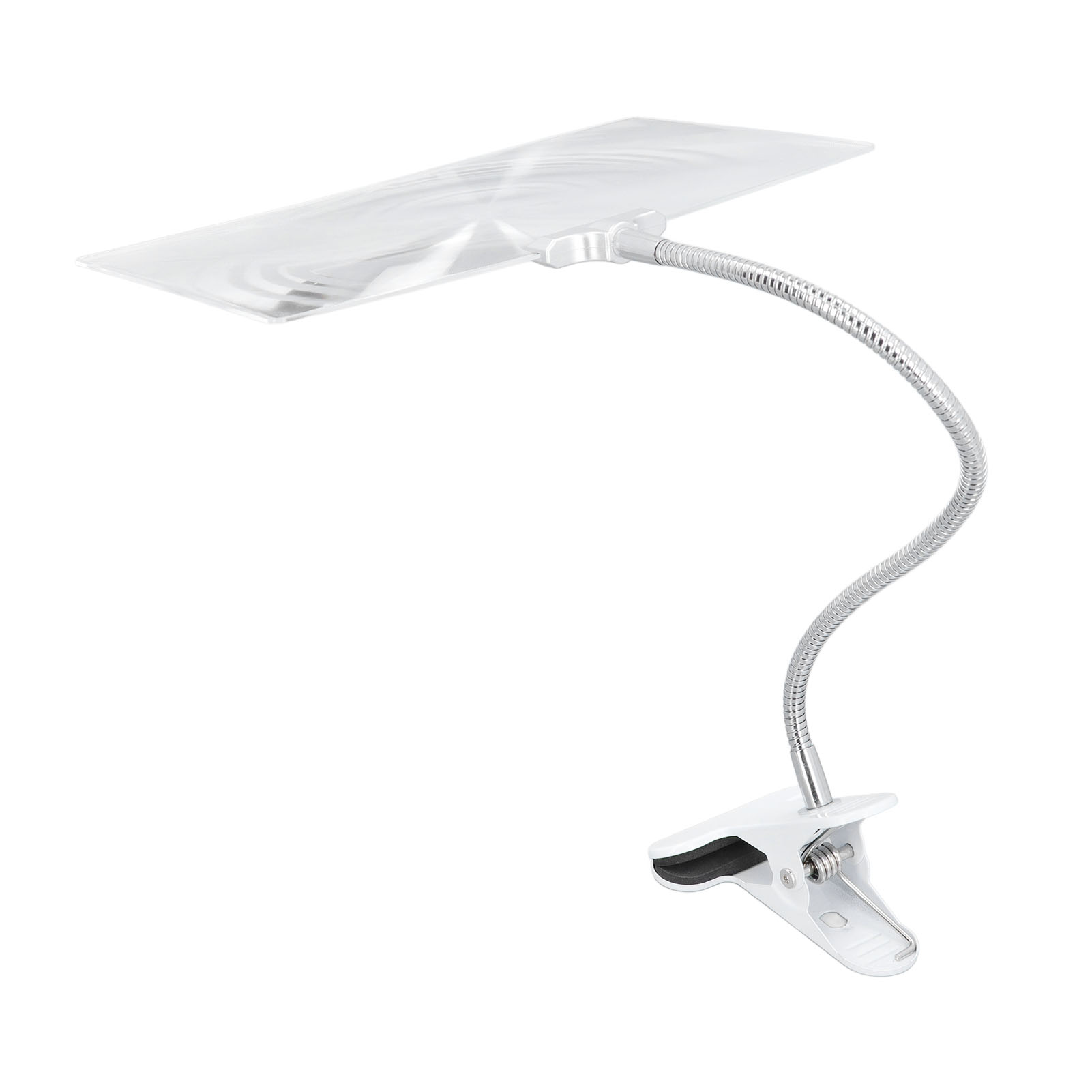 Flexible Lupe mit Clip und flexiblem Arm. Sie ist weiß und hat eine transparente Linse.