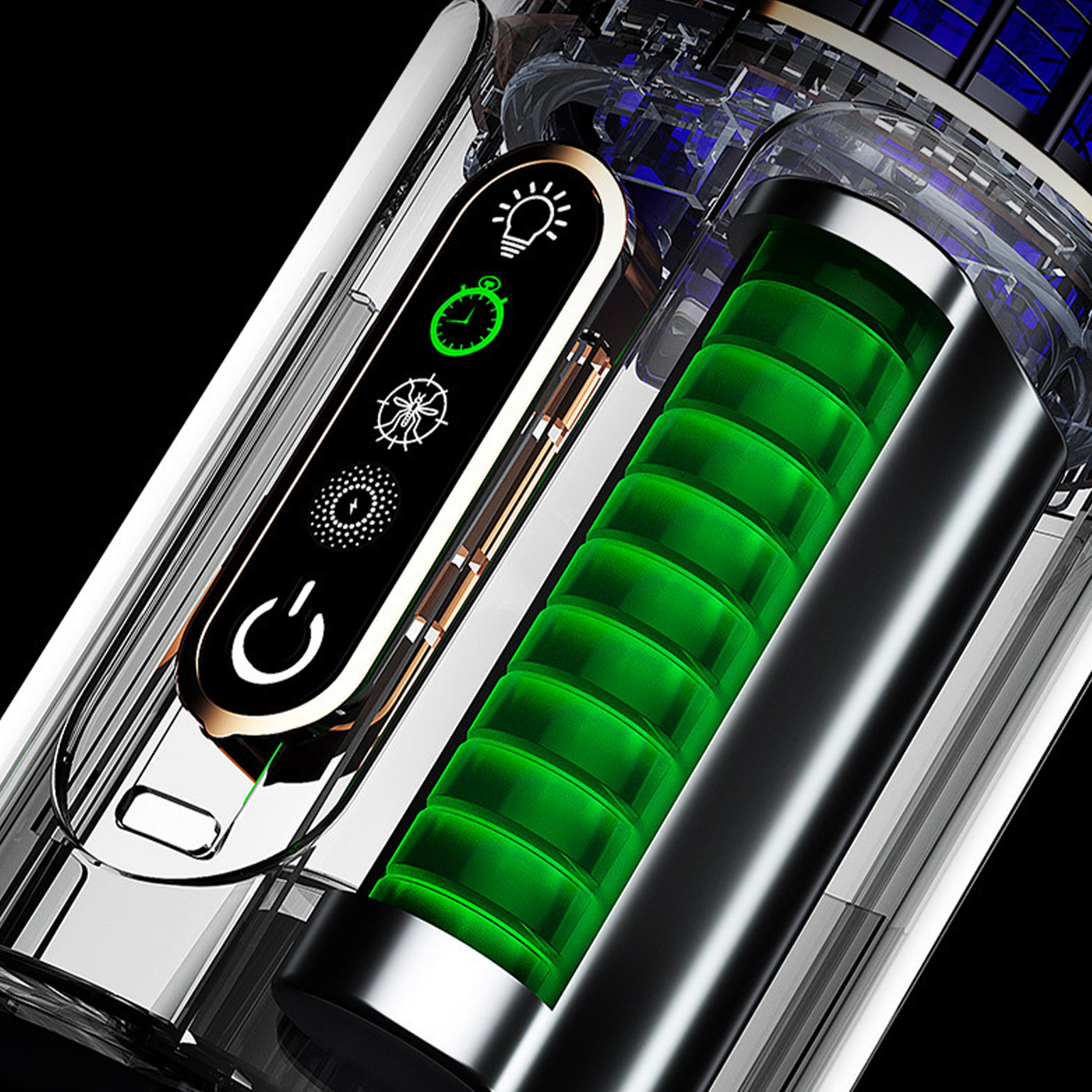 Klares Gerät mit grüner Batterieanzeige und Knöpfen.