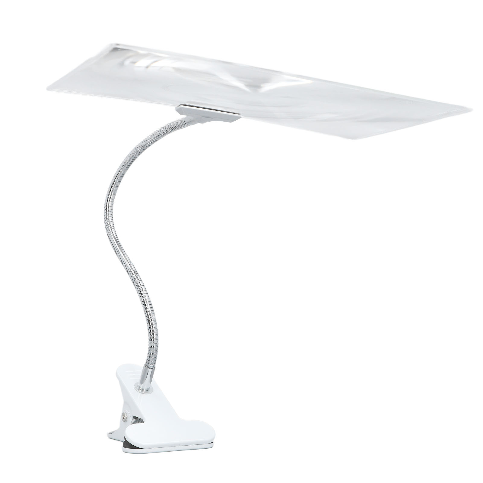 Flexibles Schwanenhals-Leseglas mit weißem Clip-on-Sockel und transparenter Linse.