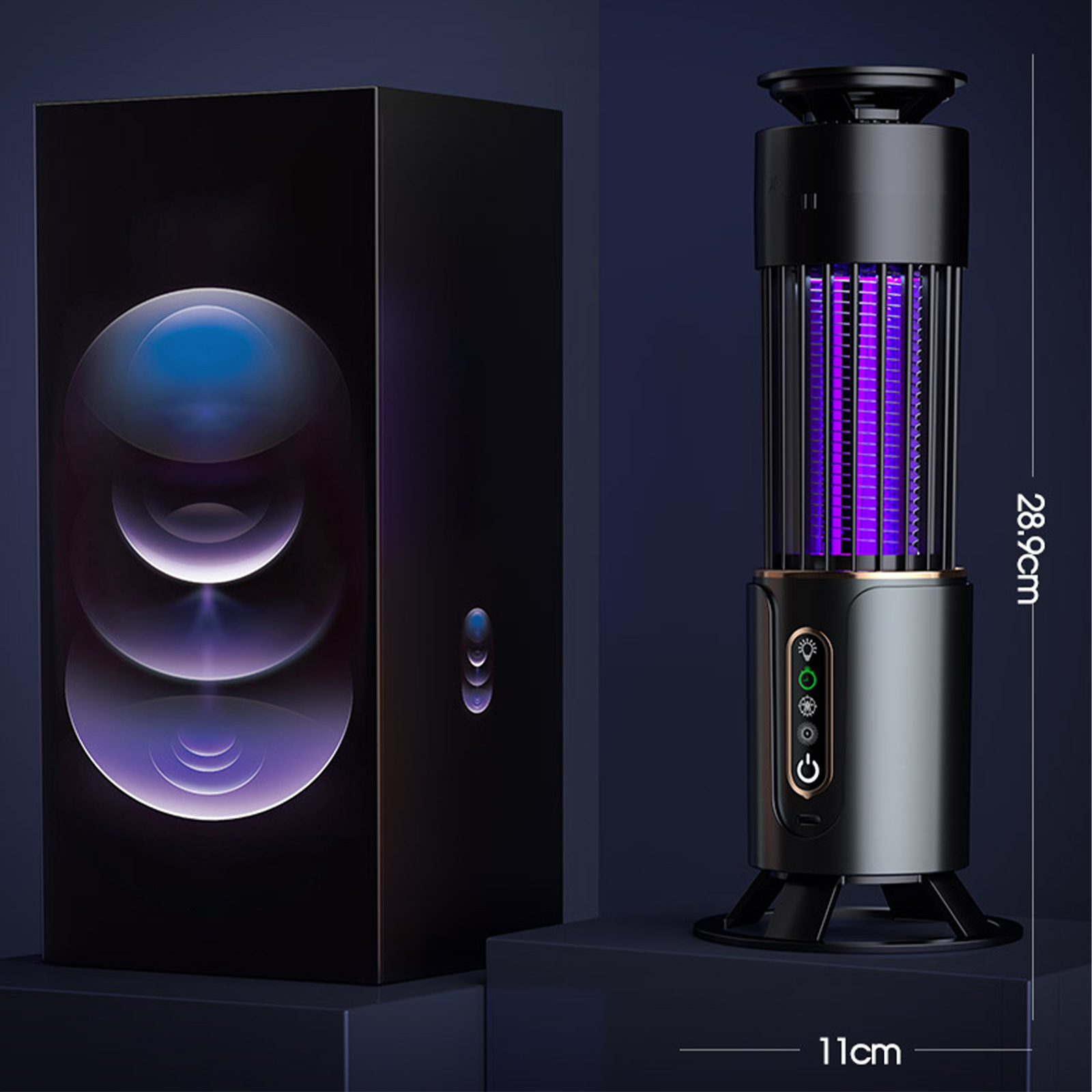 Schwarzer Insektenvernichter, UV-Licht, schwarze Box links und die Abmessungen rechts.