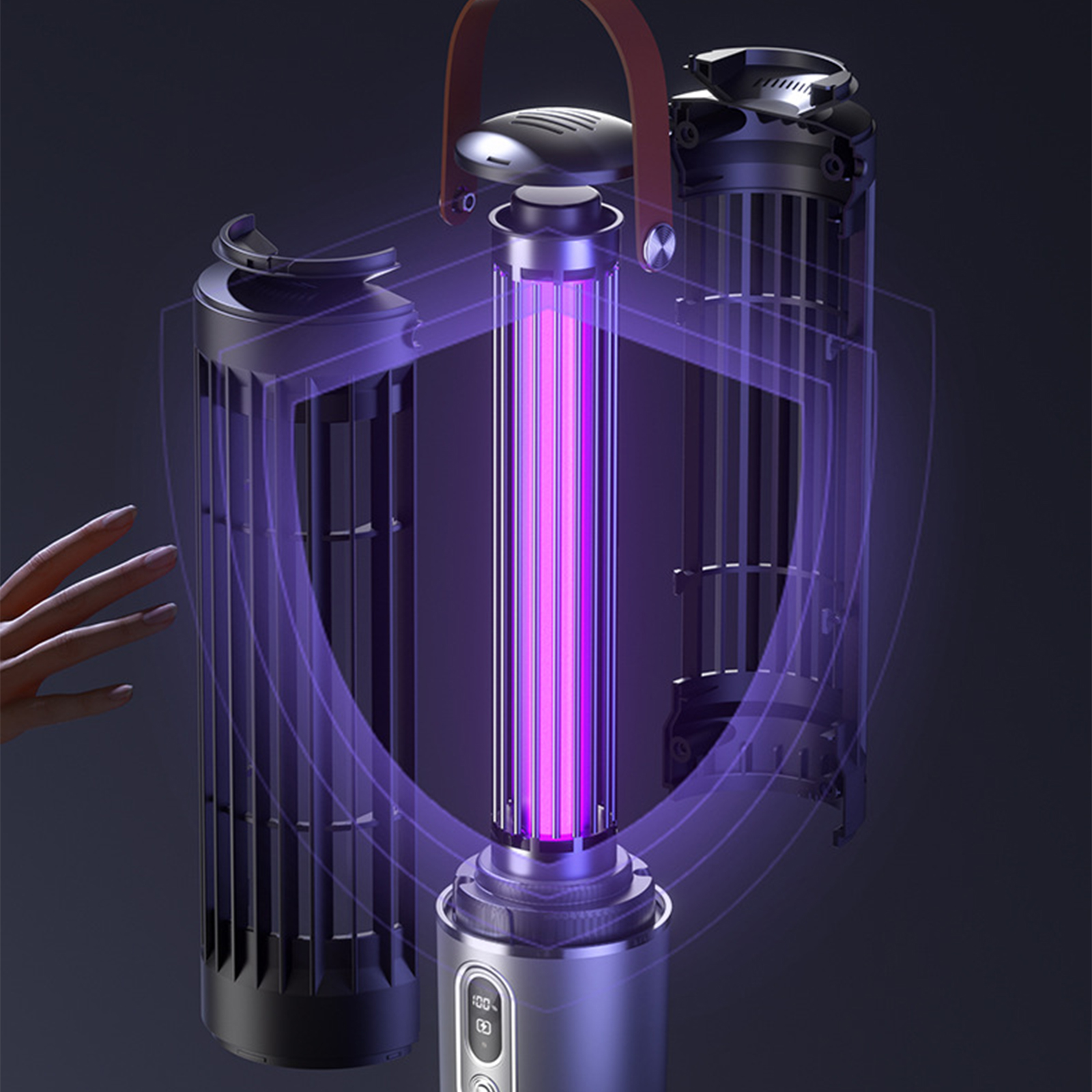 UV-Lichtgerät, violette Lichtemission und eine Hand.