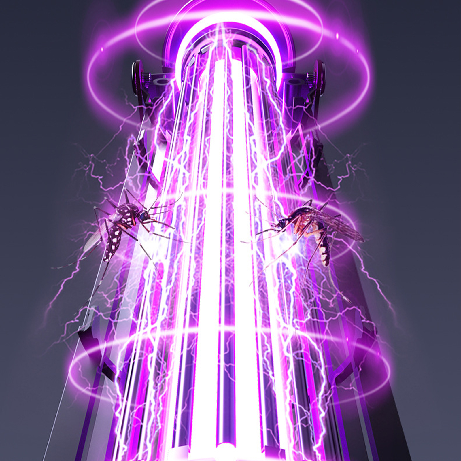 Ein Gerät, das violettes Licht mit Blitzen und zwei Mücken aussendet.