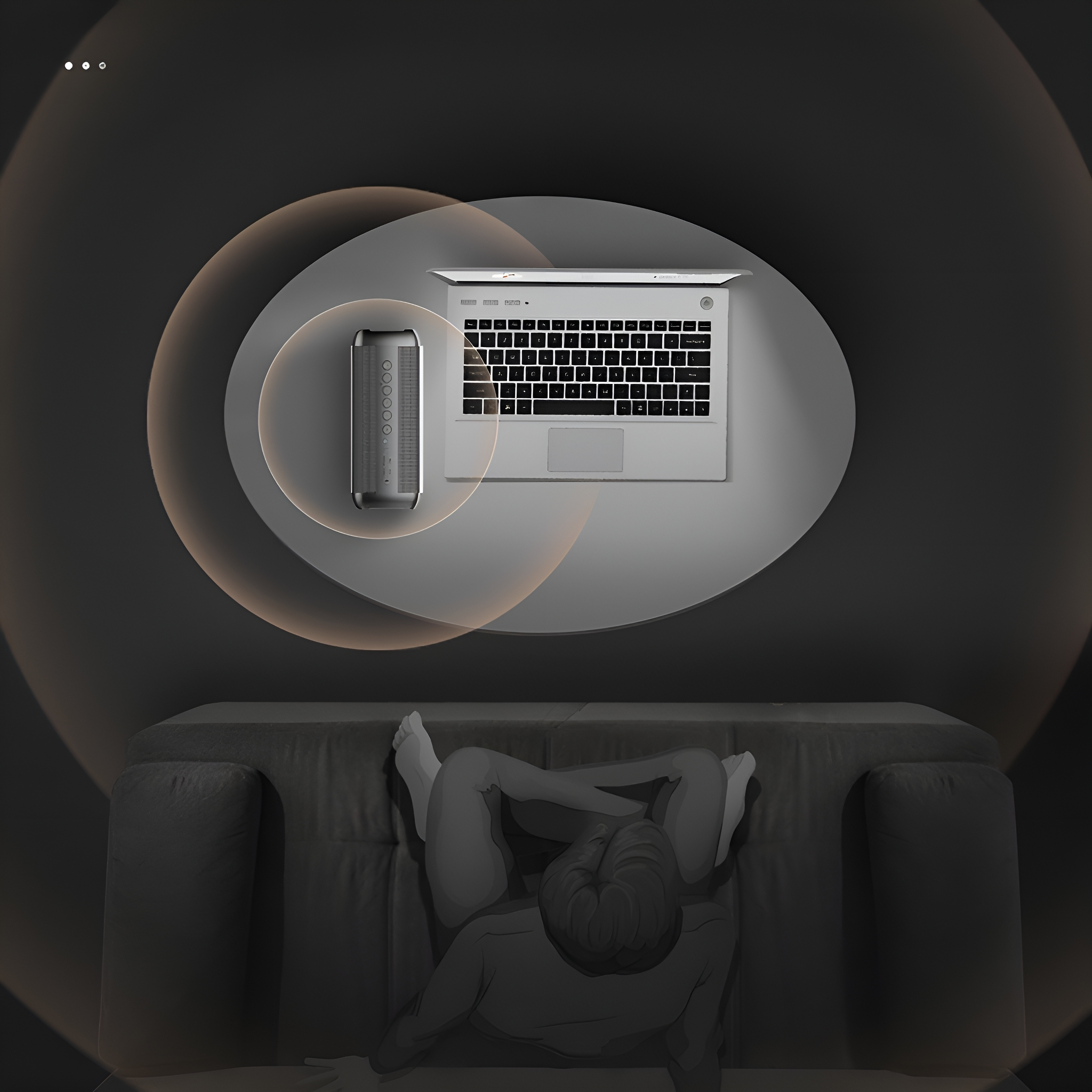 Laptop, Lautsprecher und Person auf einem Sofa. Lichtkreise drumherum. Grau- und Schwarztöne.