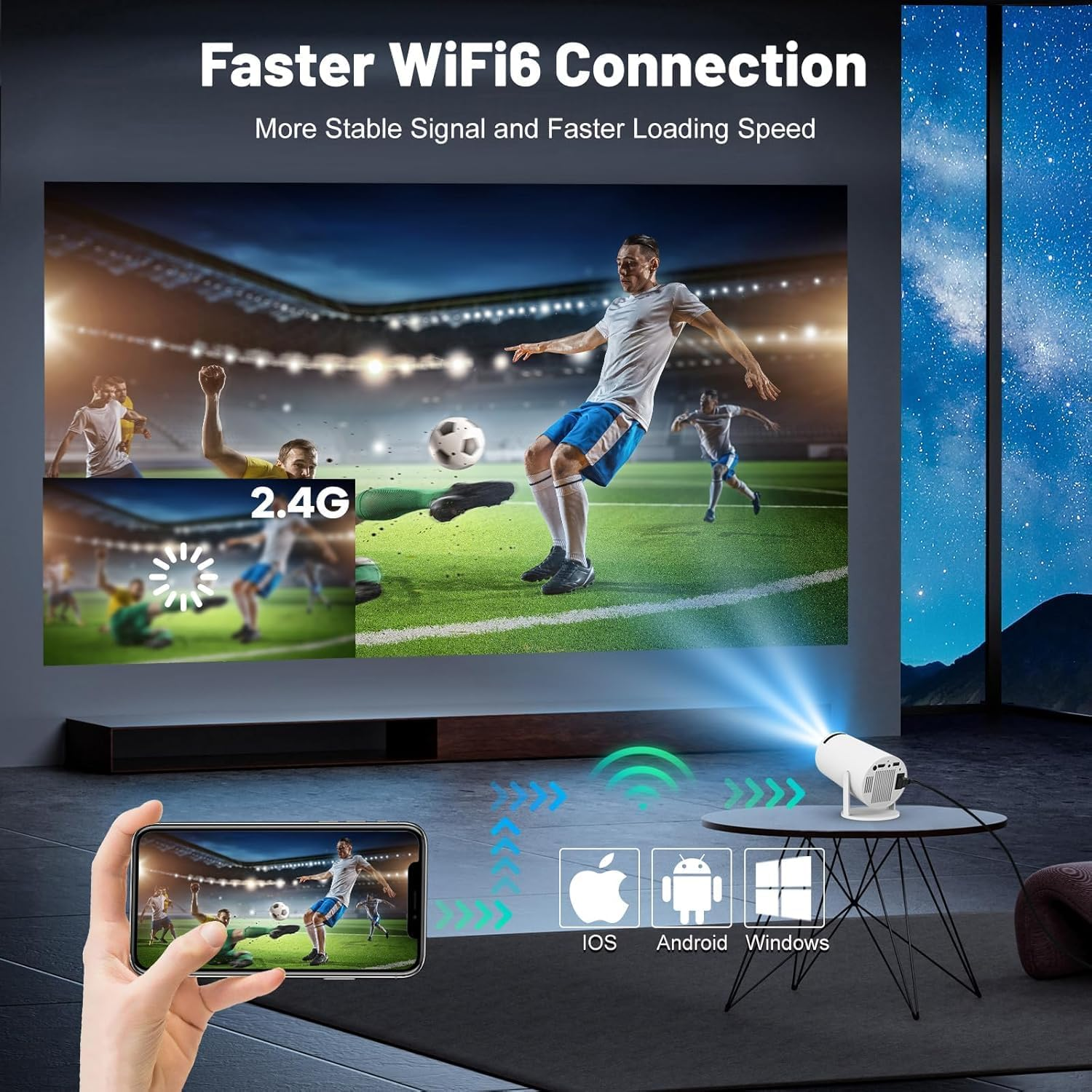 Projektor, der ein Fußballspiel auf eine Leinwand projiziert. Ein Telefon und Sternenhimmel im Hintergrund.