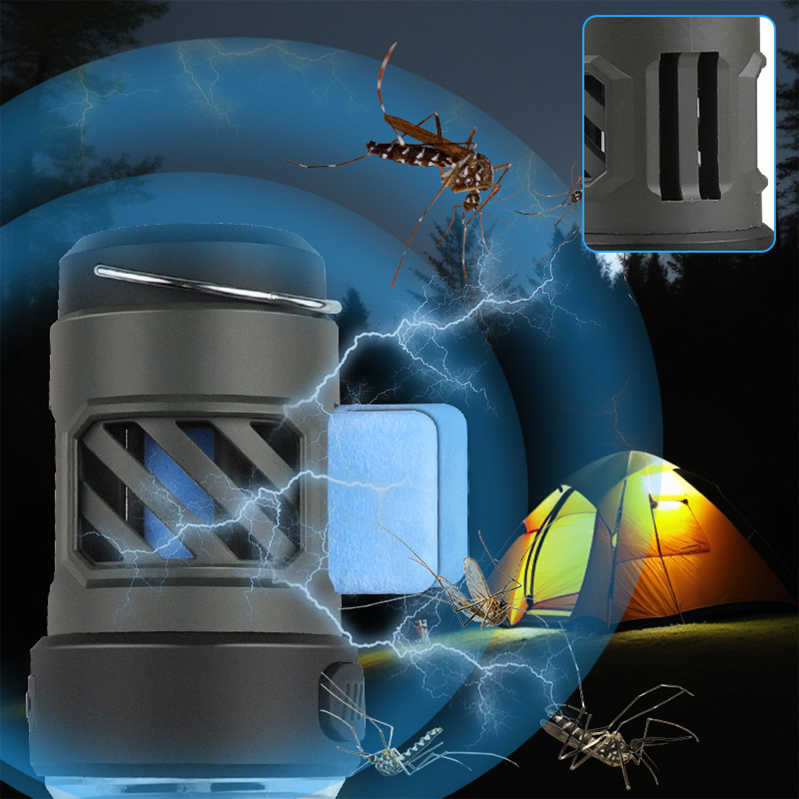 Schwarze Insektenvernichterlampe mit blauem Licht und Blitzeffekt. Mücken und ein Zelt sind sichtbar.