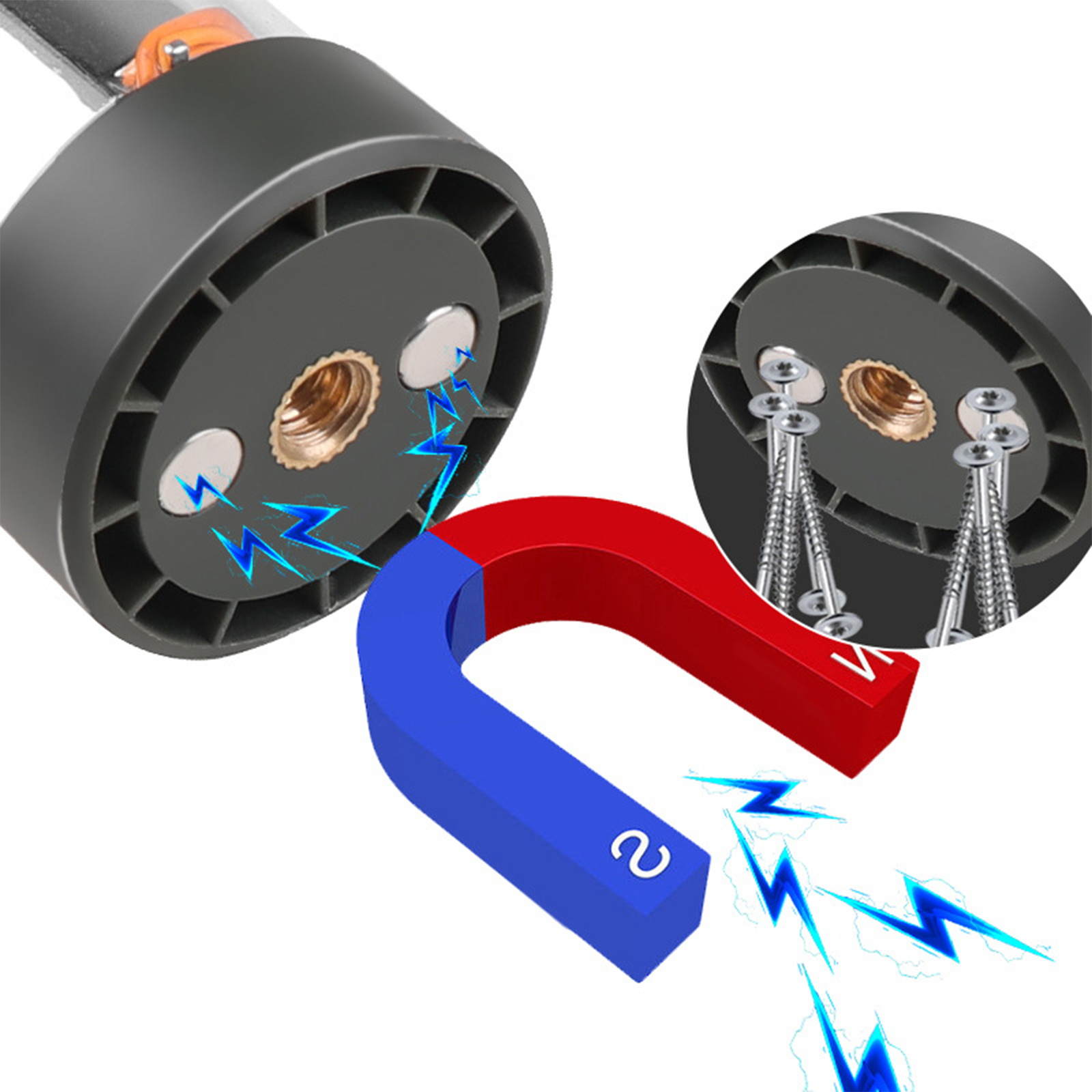 Magnete, Schrauben und ein U-förmiger Magnet mit Magnetfeldlinien, Nahaufnahme auf weißem Grund.