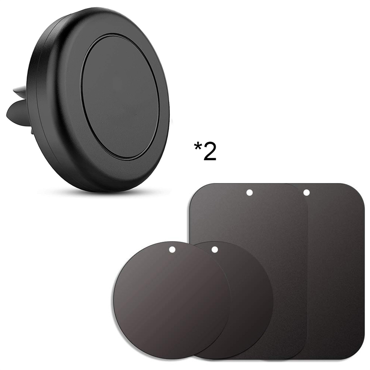 Schwarze Lüftungshalterung mit Magnet und drei schwarzen Magnetplatten in verschiedenen Formen.