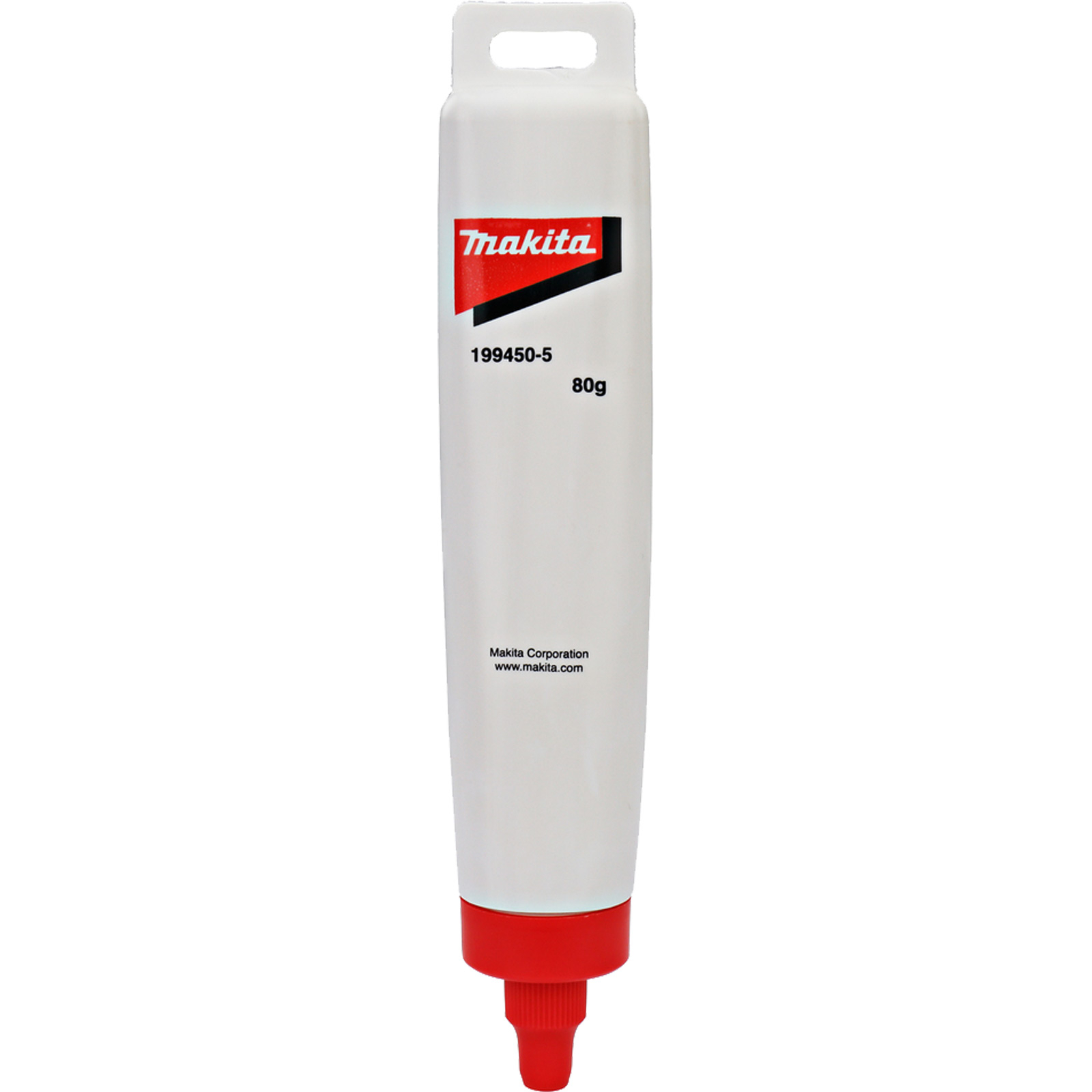 Eine weiße Tube Makita-Fett mit roten Akzenten, Produktnummer 199450-5 und 80g Produkt.