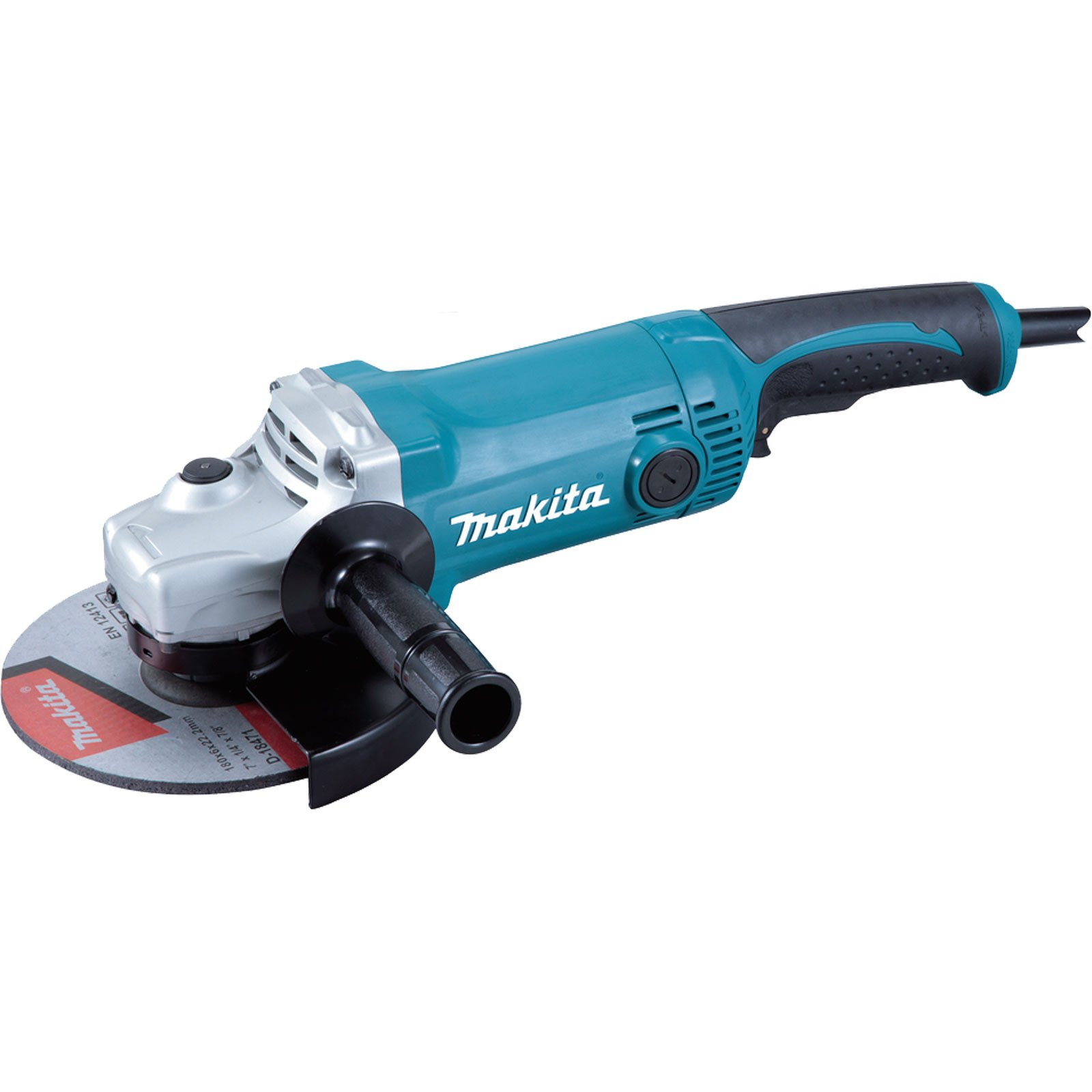 Una amoladora angular Makita turquesa y plateada. La amoladora tiene un mango negro y una muela roja y plateada.