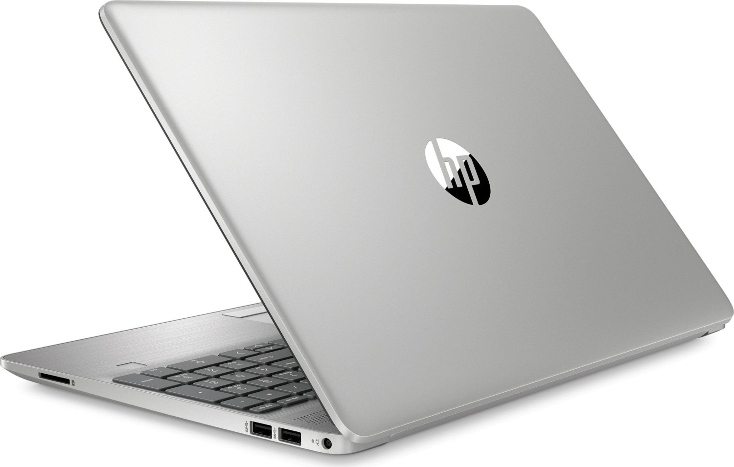 Ein silberner Laptop mit HP-Logo auf dem Deckel, angewinkelt geöffnet, zeigt die Tastatur.