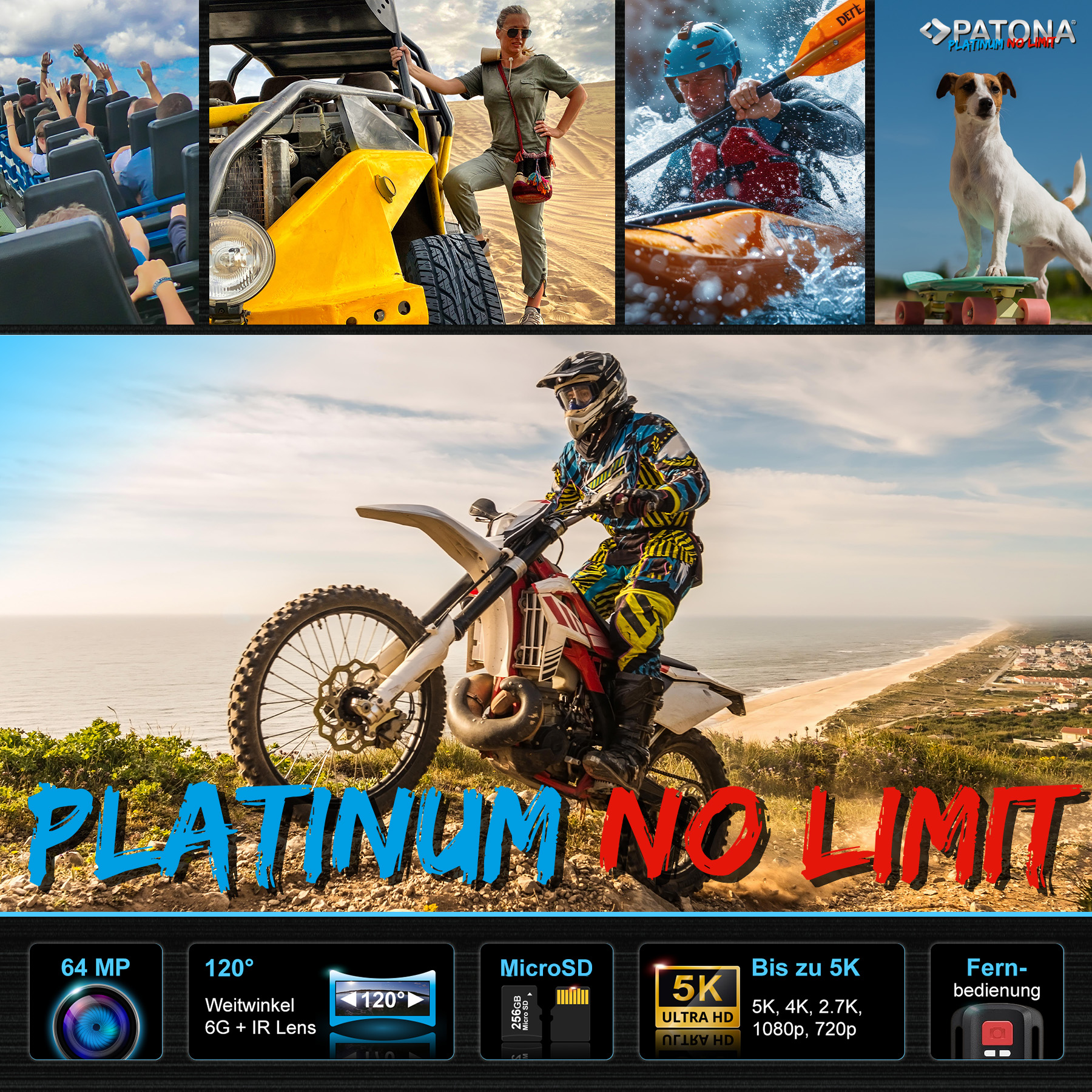 Collage von Action-Aufnahmen: Achterbahn, Dünenbuggy, Kajakfahrer, Hund auf Skateboard, Dirtbike-Fahrer.