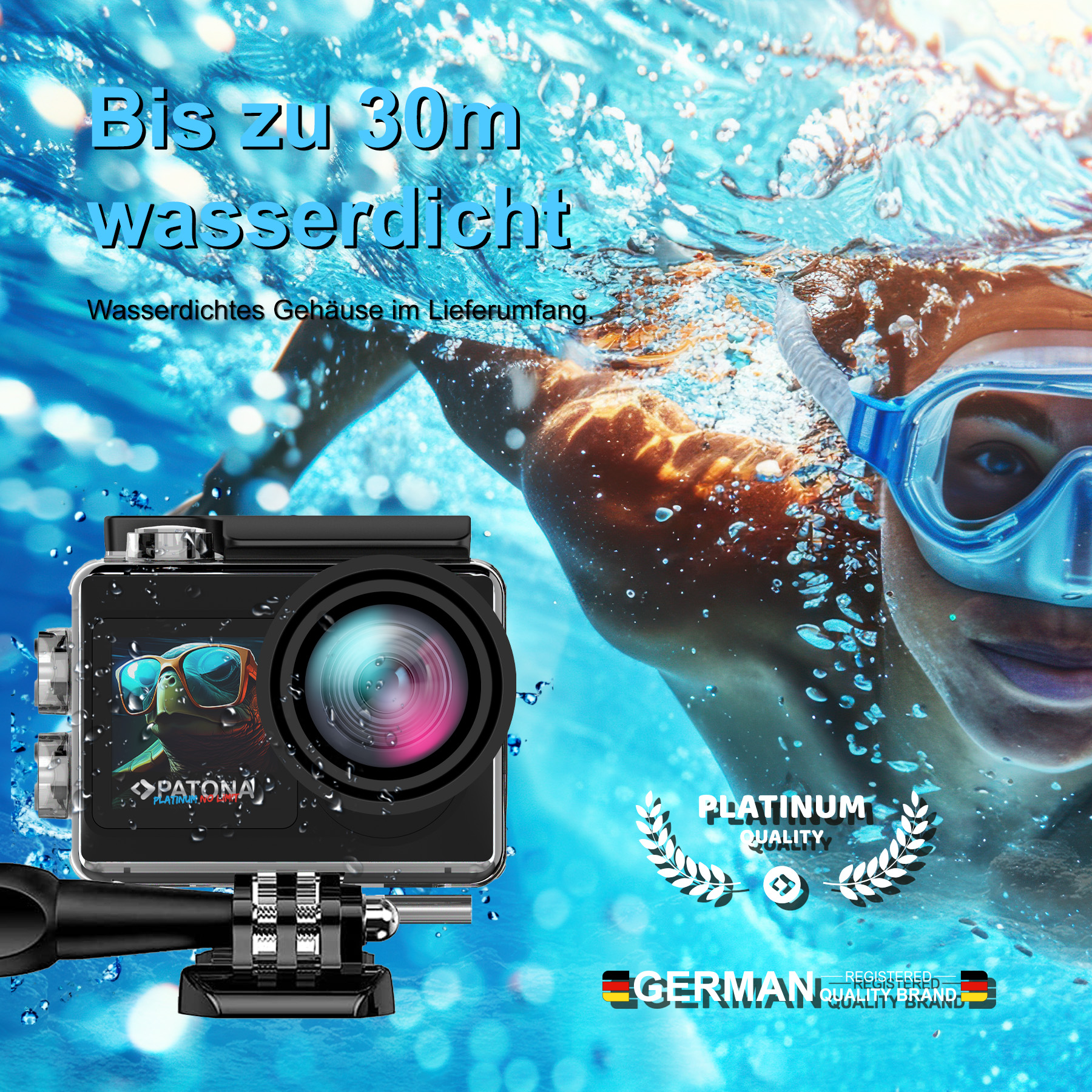 Unterwasserkamera mit Text und einer Frau im Wasser, die einen Schnorchel trägt.