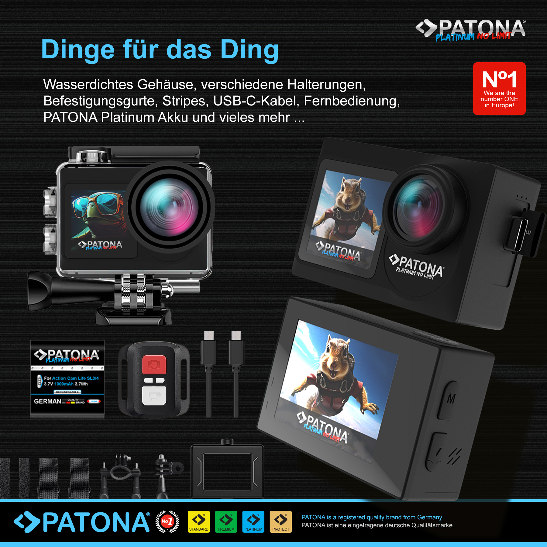 Verschiedene schwarze Action-Kameras und Zubehör auf dunklem Hintergrund, mit Produktdetails.