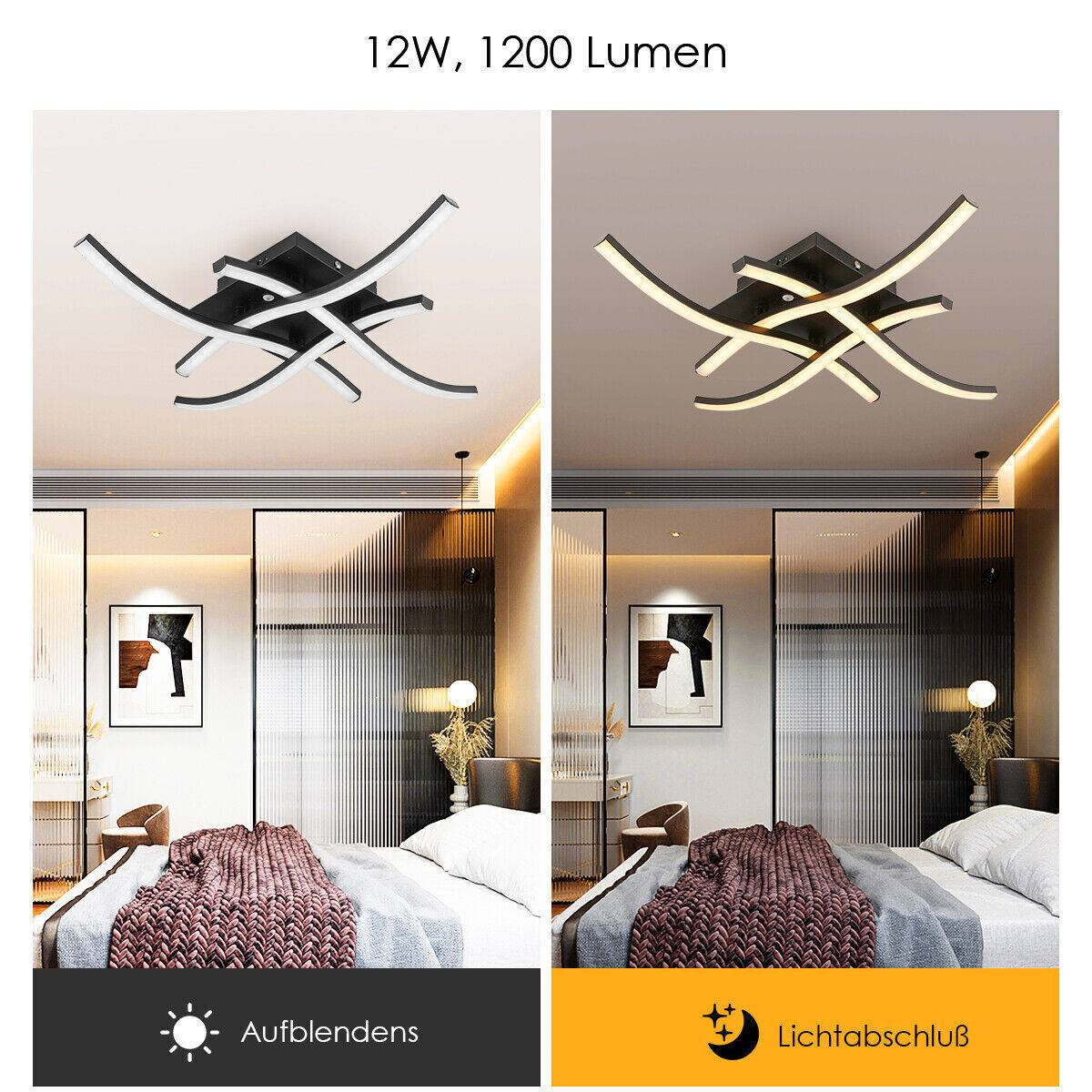 Zwei Bilder einer modernen Deckenleuchte. Links ausgeschaltet, rechts eingeschaltet. Schwarze Basis.