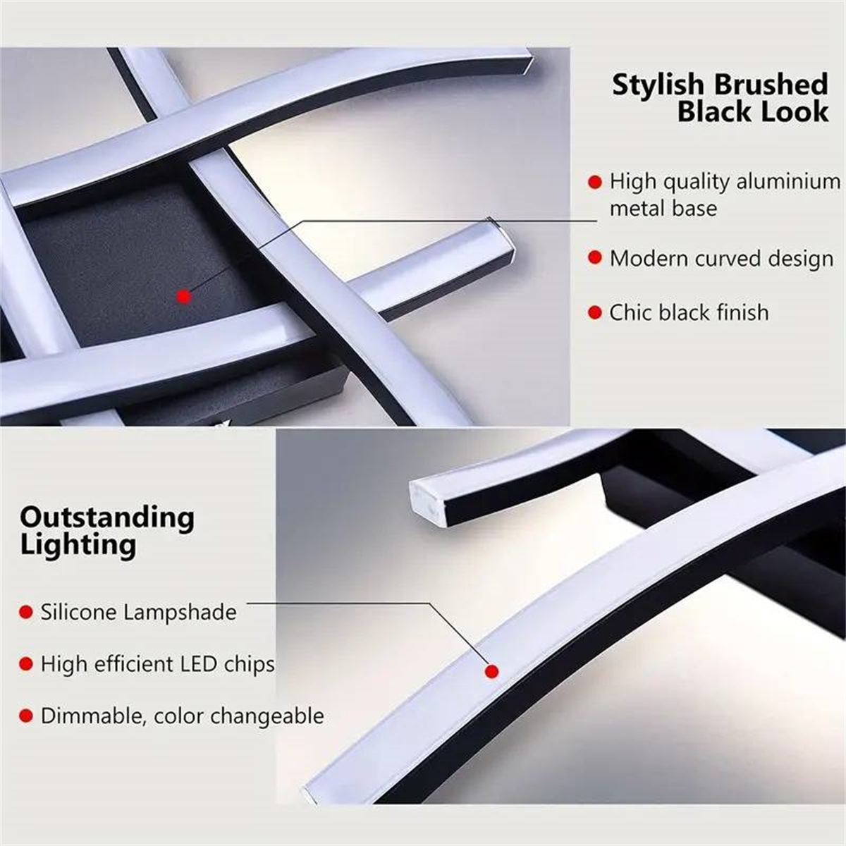 Nahaufnahme einer modernen LED-Deckenleuchte. Sie hat einen schwarzen Metallsockel und gebogene, weiße LED-Leuchten.