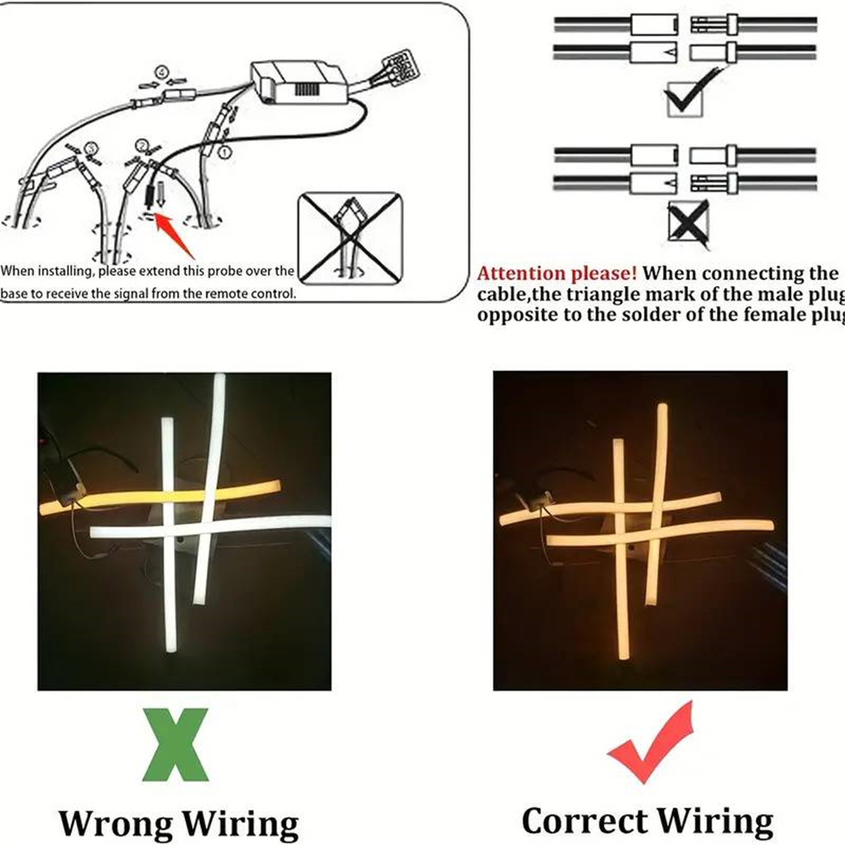 Verdrahtungsdiagramme, die korrekte und falsche Verdrahtung vergleichen. Diagramme zeigen Verbindungen und ein Häkchen/Kreuz.