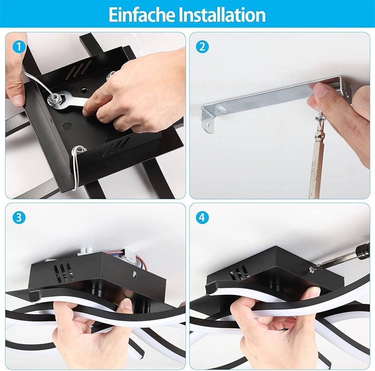 Vier Bilder zeigen Schritte zur Installation einer Deckenlampe. Hände sind bei der Verwendung von Werkzeugen und der Montage von Teilen zu sehen.