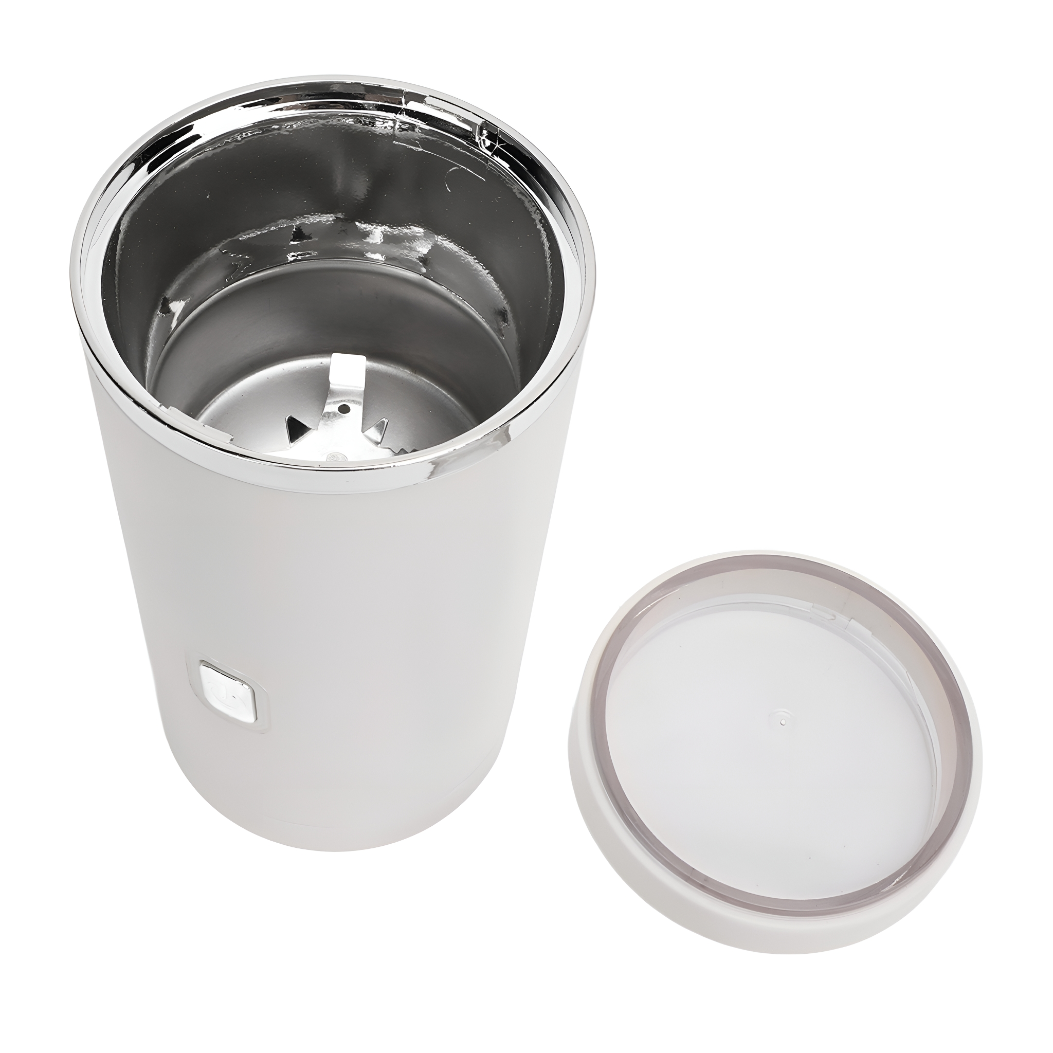 Weißer Kaffeemühle mit offenem Deckel, Edelstahl-Innenraum und einem Knopf.
