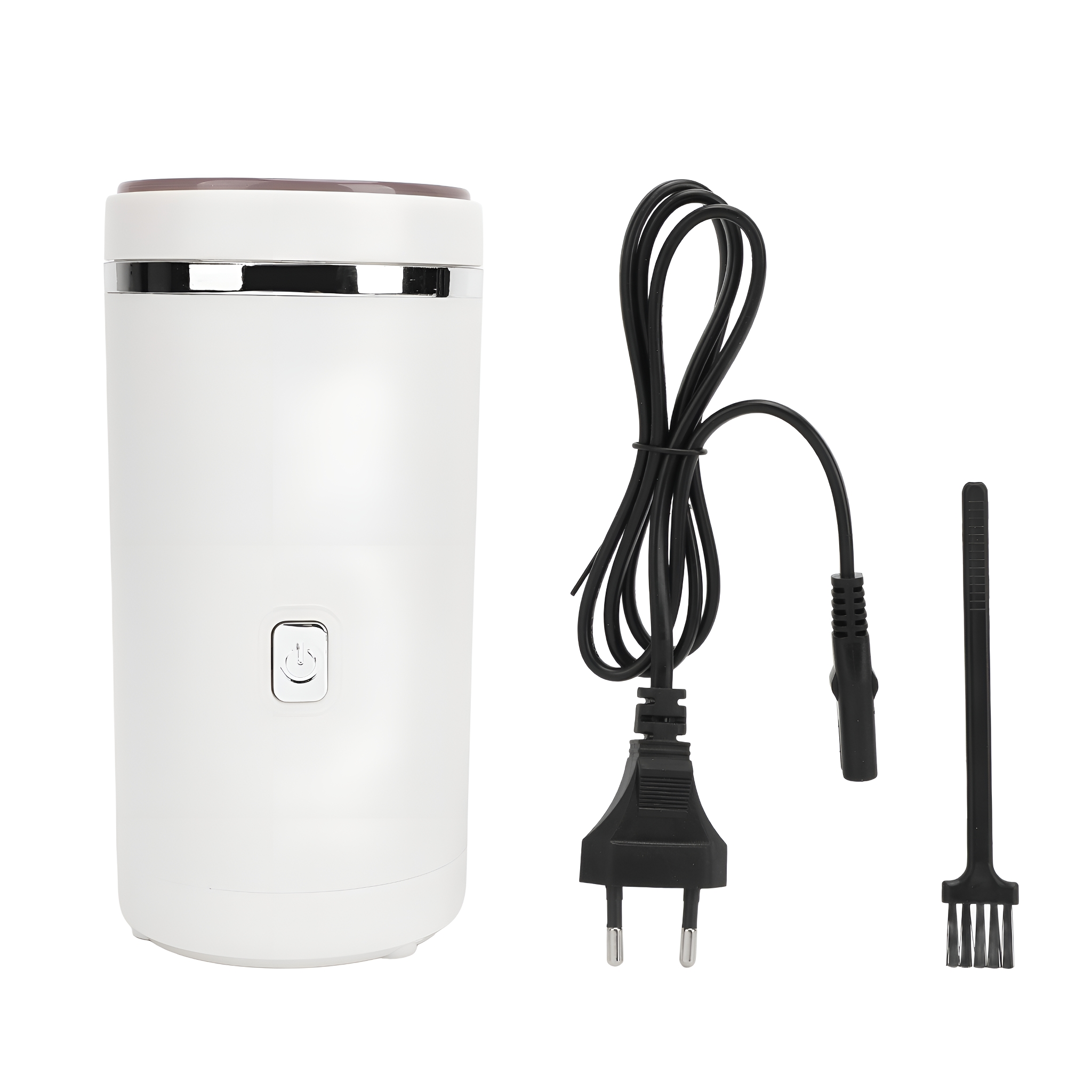 Weißer elektrischer Grinder mit Netzkabel, Stecker und Reinigungsbürste, isoliert auf Weiß.