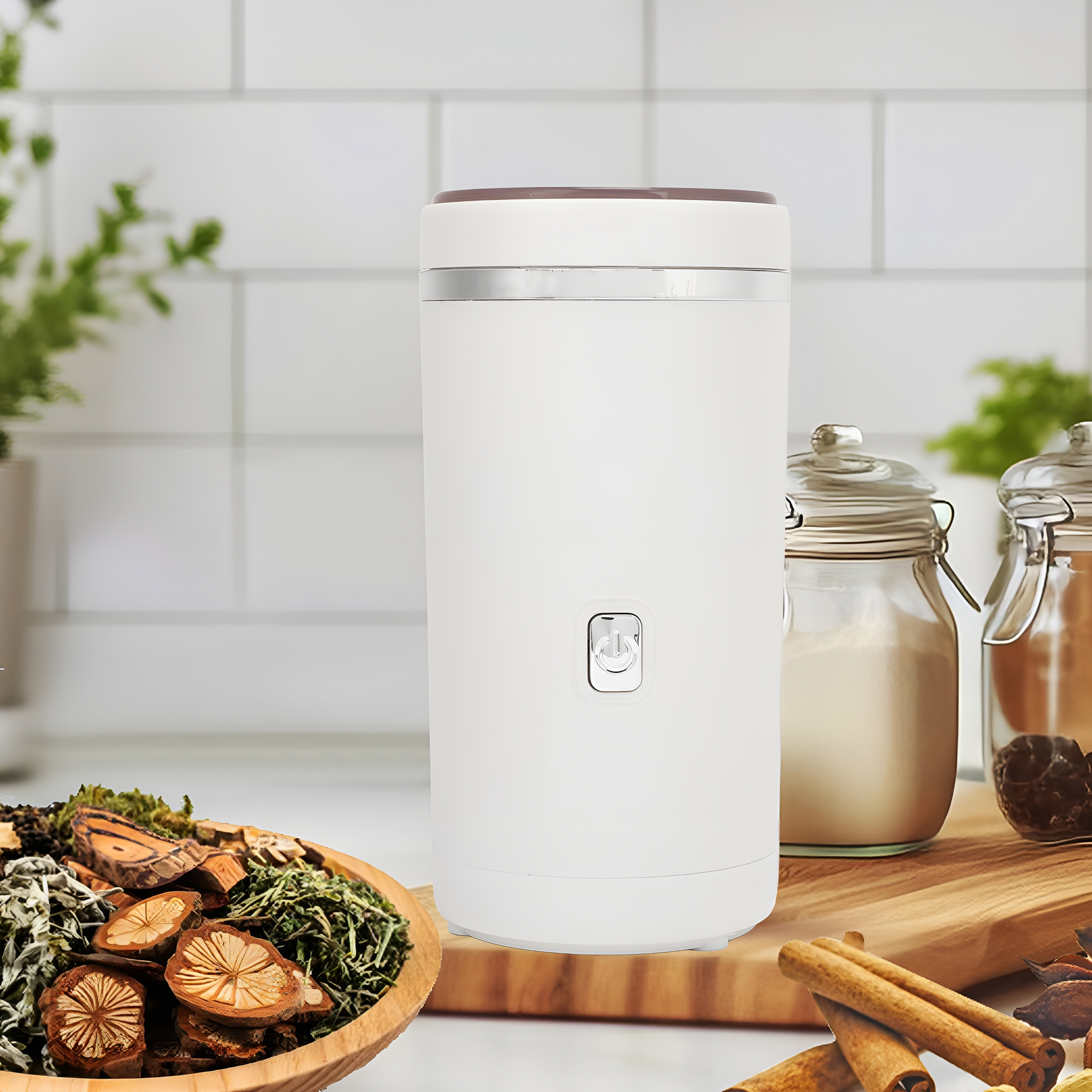 Weißer zylindrischer Wasserkocher mit Ein-Aus-Taste, auf einer Küchenzeile mit Gewürzen.