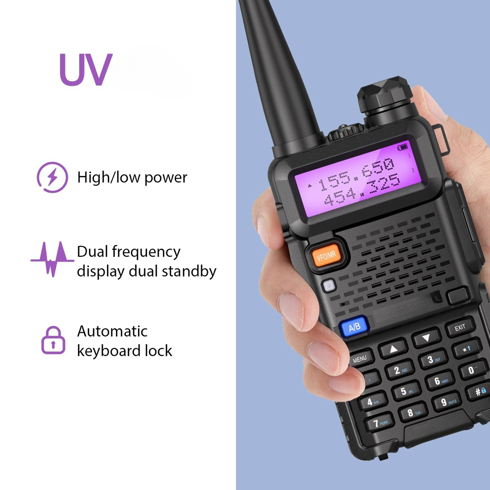 Ein schwarz-graues Walkie-Talkie. Text und Symbole links. Das Display zeigt Zahlen.