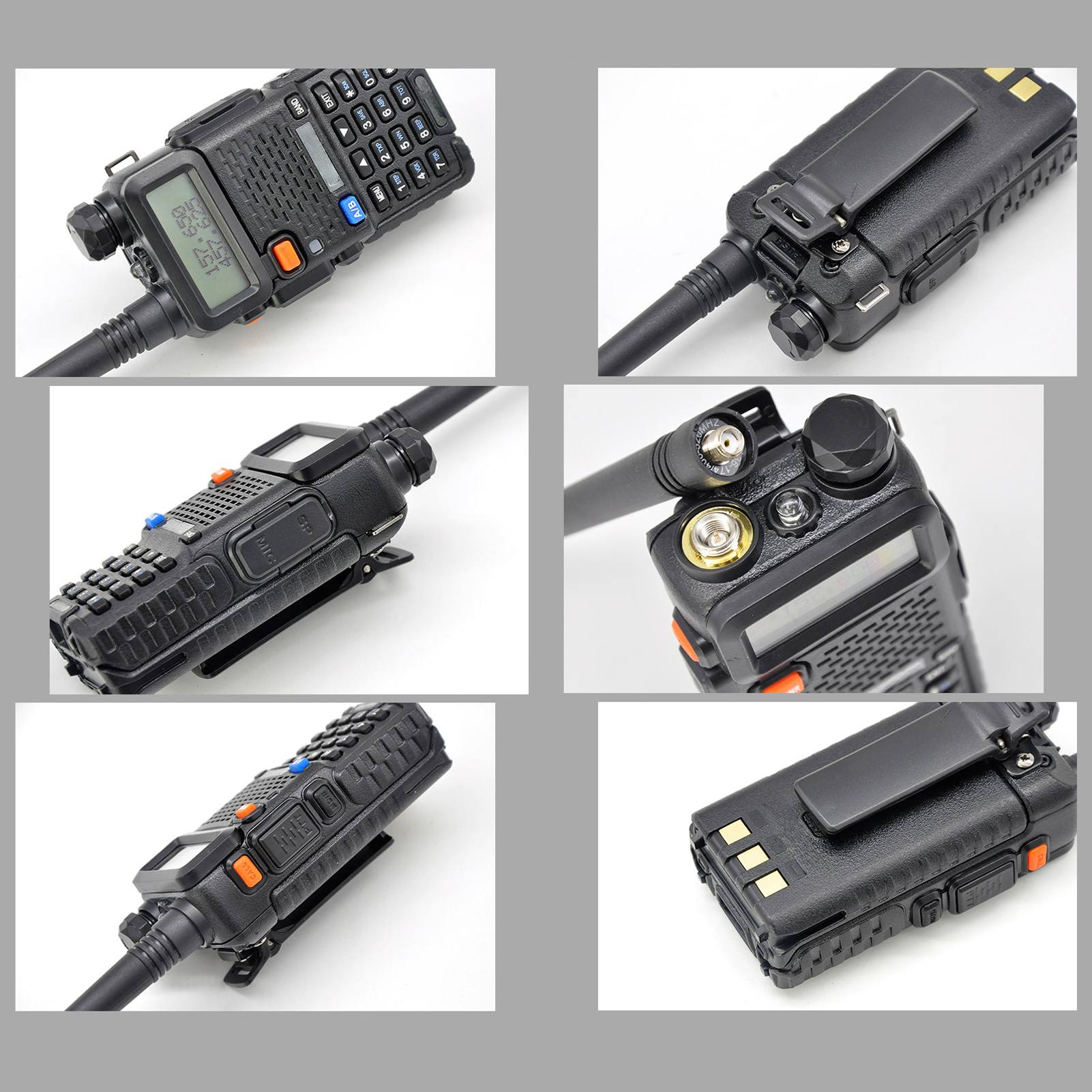Mehrere Ansichten eines schwarzen Walkie-Talkies. Details umfassen Bildschirm, Knöpfe, Antenne und Batterieclip.