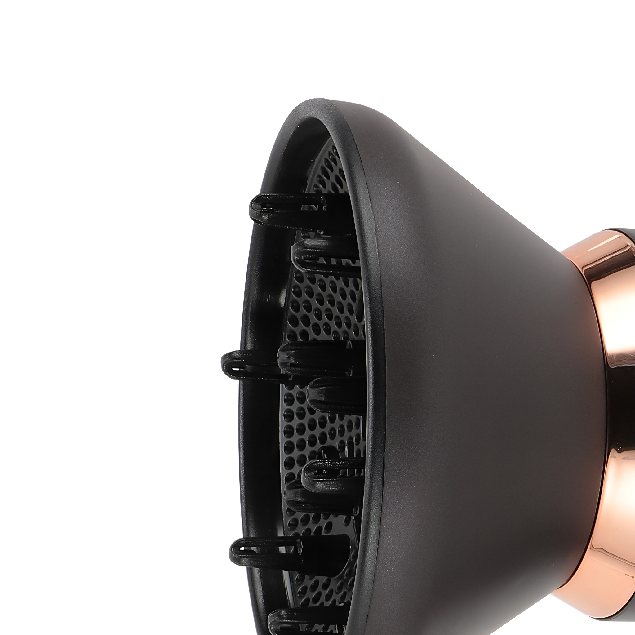 Schwarzer Haartrockner-Diffusor mit roségoldenen Details, vor weißem Hintergrund.