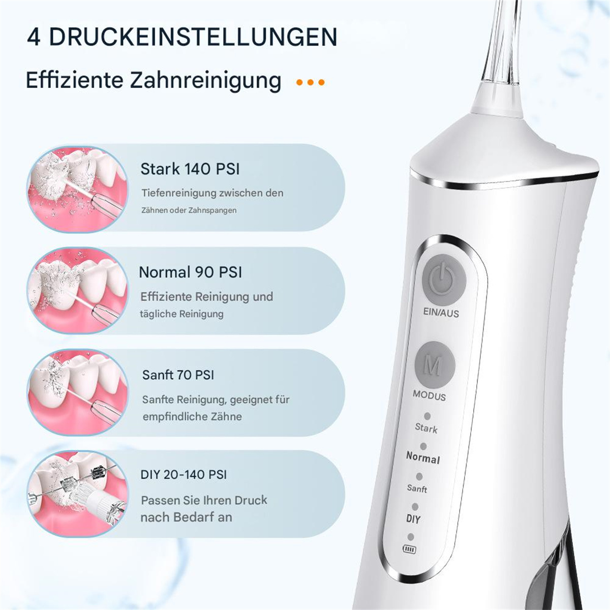 Weißer Munddusche mit verschiedenen Druckeinstellungen. Grafik zeigt Zahnreinigung mit unterschiedlichem Druck.
