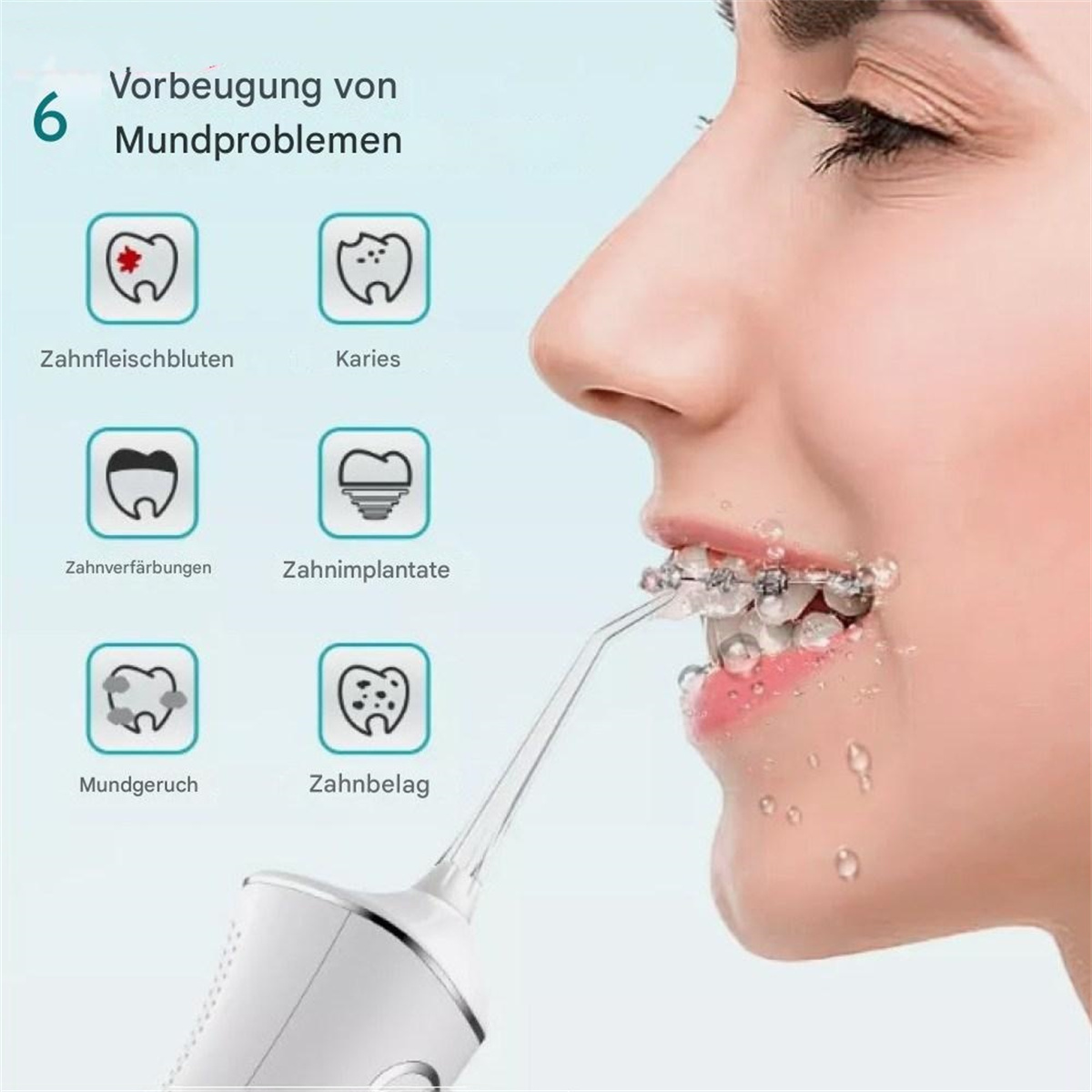 Frau benutzt Munddusche, mit visuellen Hilfsmitteln zu Zahnproblemen.
