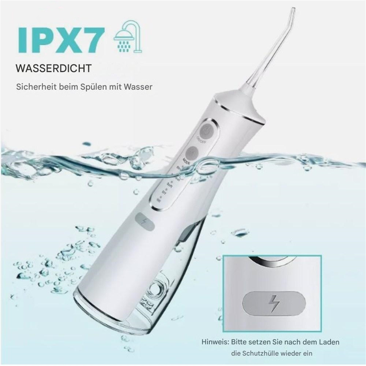 Ein weißer, schnurloser Munddusche. Es ist teilweise in Wasser getaucht, mit Ladeanzeige.