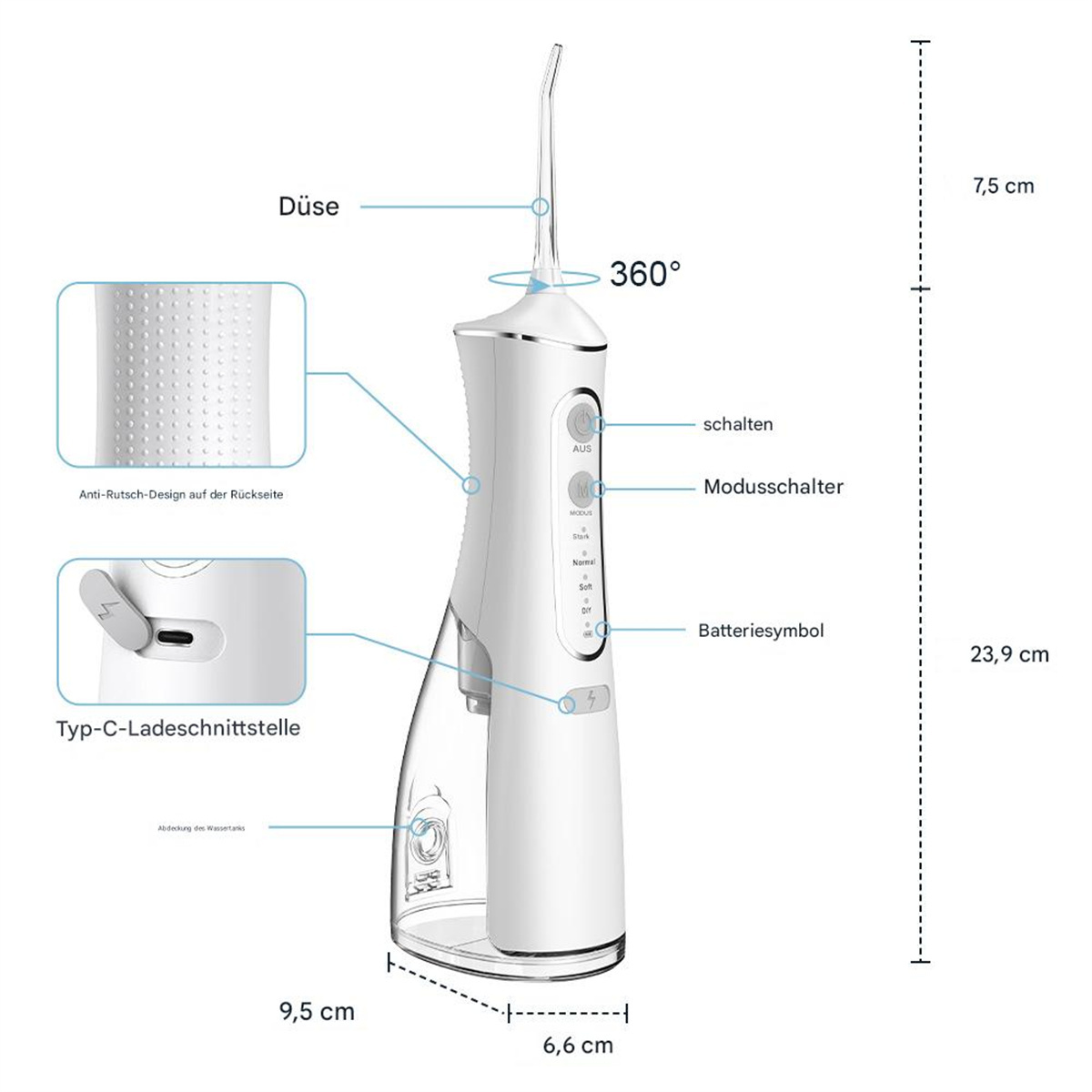 Weißer Munddusche mit Abmessungen. Es hat einen C-Typ-Ladeanschluss, einen Modusschalter und ein Batteriesymbol.