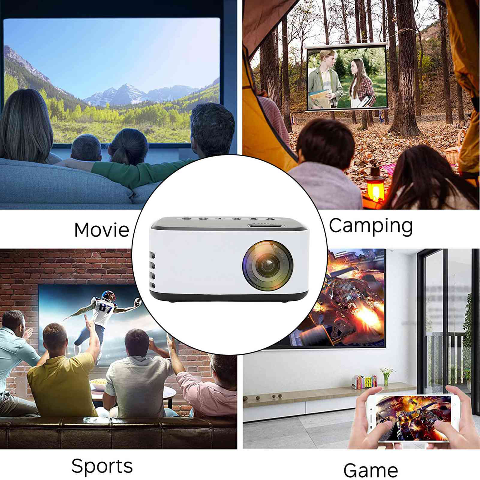 Weißer Projektor, der verschiedene Anwendungen zeigt: Film, Camping, Sport und Spiel.
