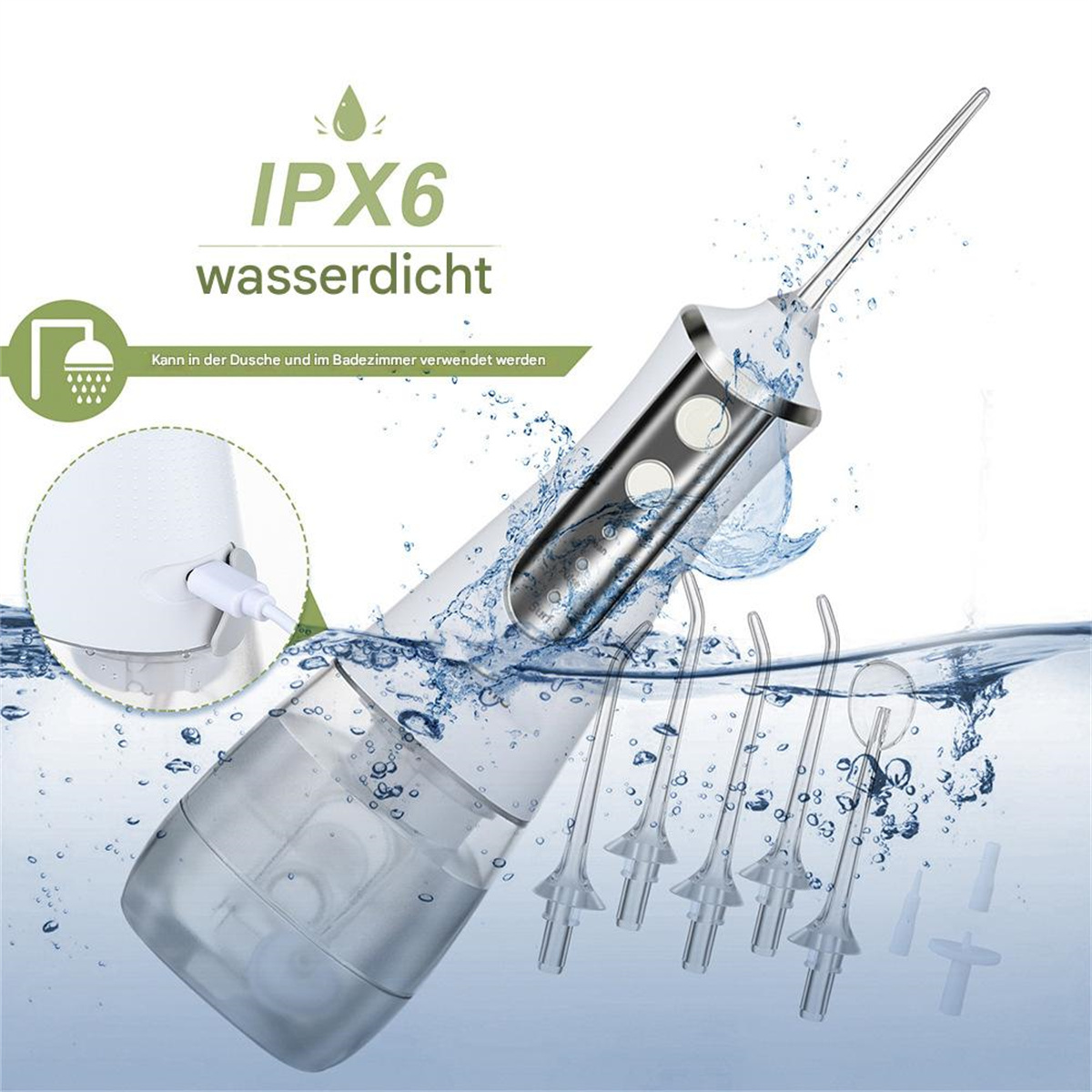 Munddusche mit Wasser und Aufsätzen. Text: IPX6 wasserdicht. Illustration eines Duschkopfes.