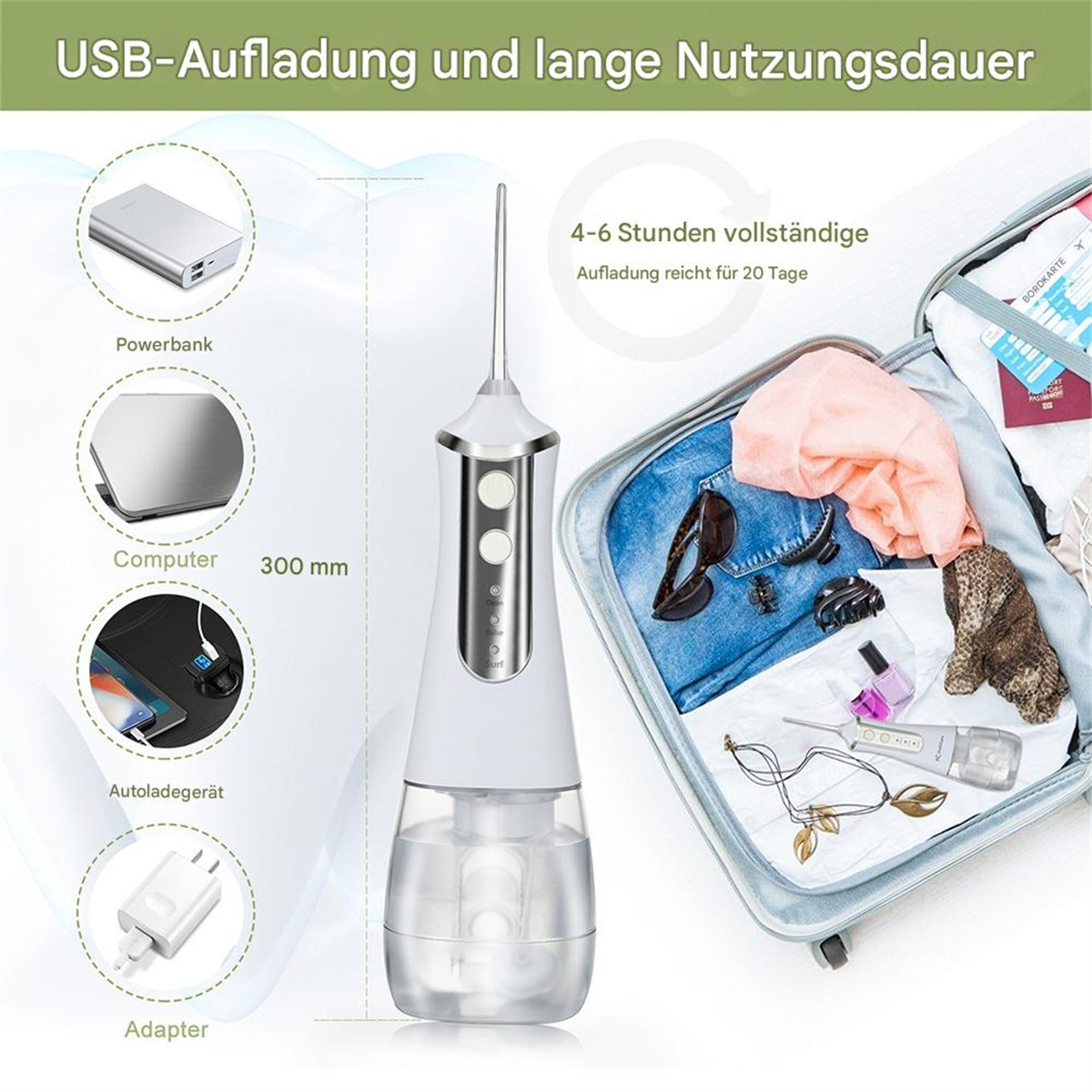 Weißer Munddusche mit Zubehör, Powerbank und Ladegerät.
