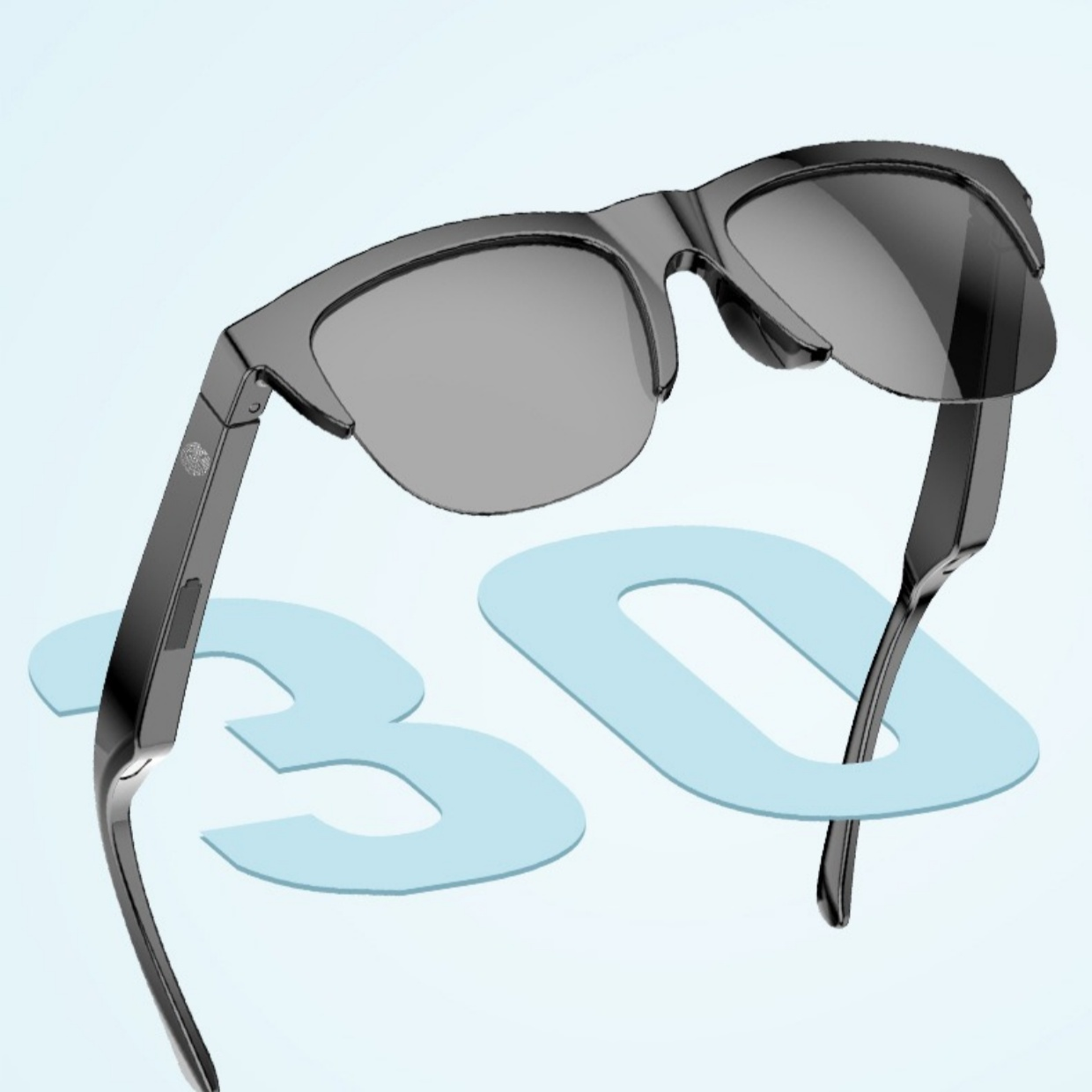 Schwarze Sonnenbrille mit 3D-Grafik im Hintergrund. Die Sonnenbrille ist abgewinkelt.