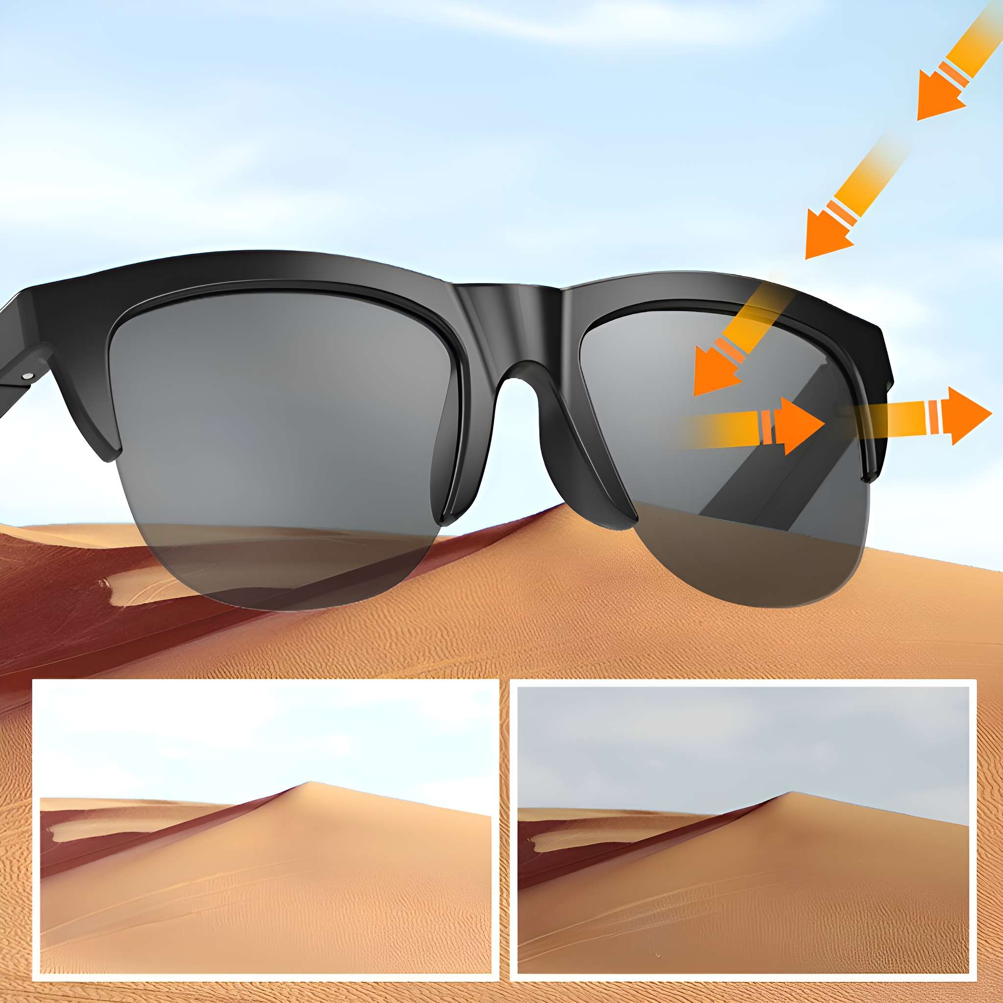 Sonnenbrille mit Sanddünen und Pfeilen, die Sonnenreflexion und Lichtreduzierung zeigen.