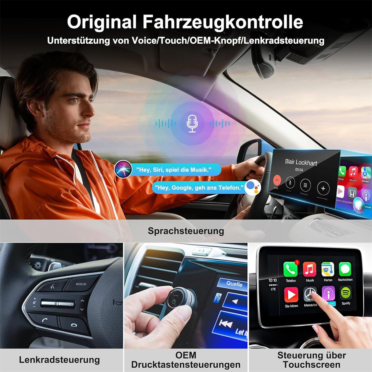 Mann im Auto benutzt Sprachsteuerung. Bildschirm zeigt die Autoschnittstelle. Lenkrad, Armaturenbrett und Bildschirm des Autos sind zu sehen.