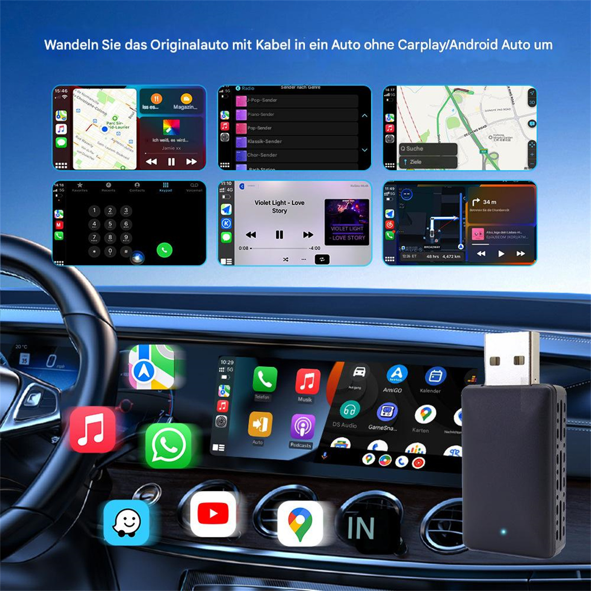 Armaturenbrett des Autos mit Navigations- und Medienbildschirmen, mit einem USB-Gerät.